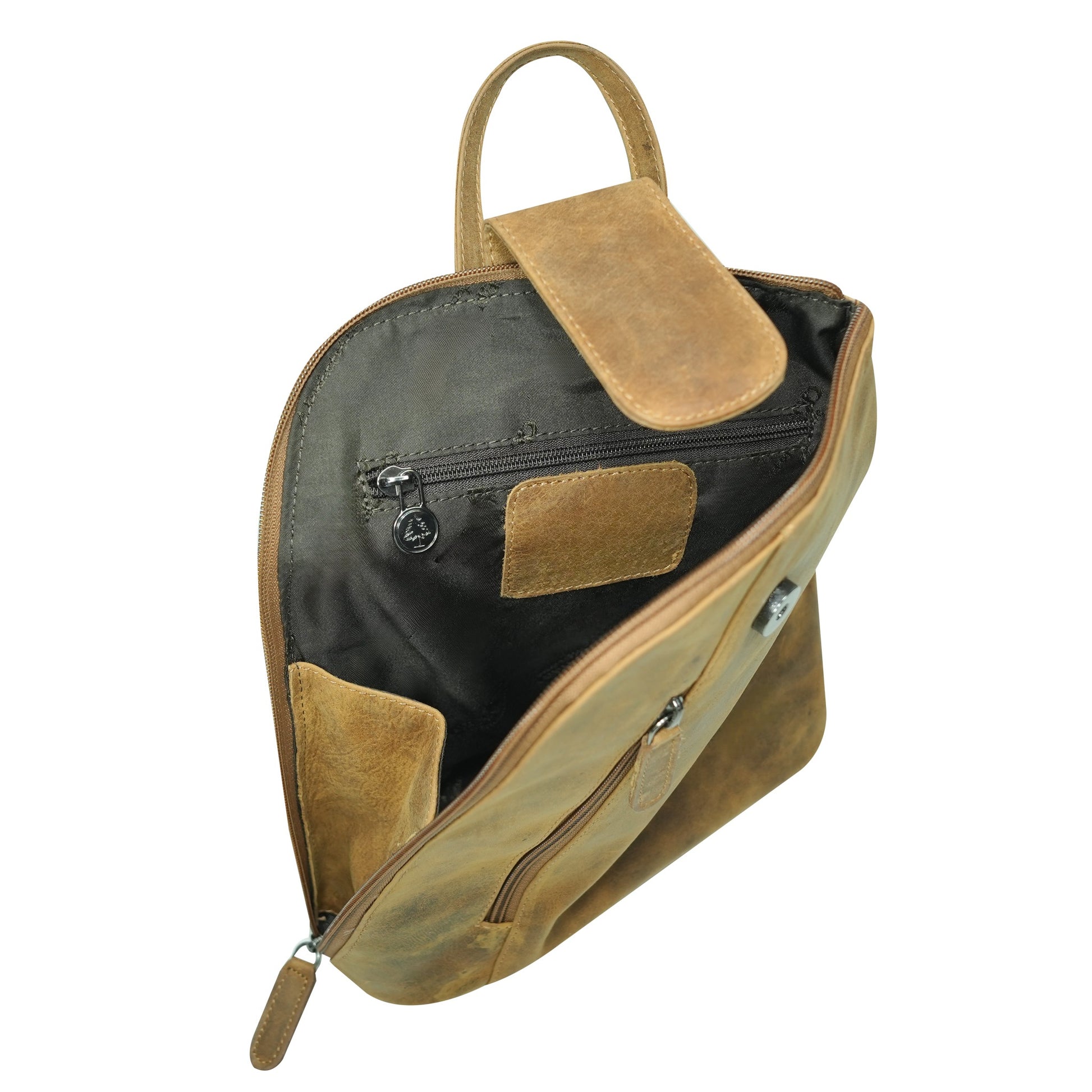 Camel leather bag with open front pocket on a white background