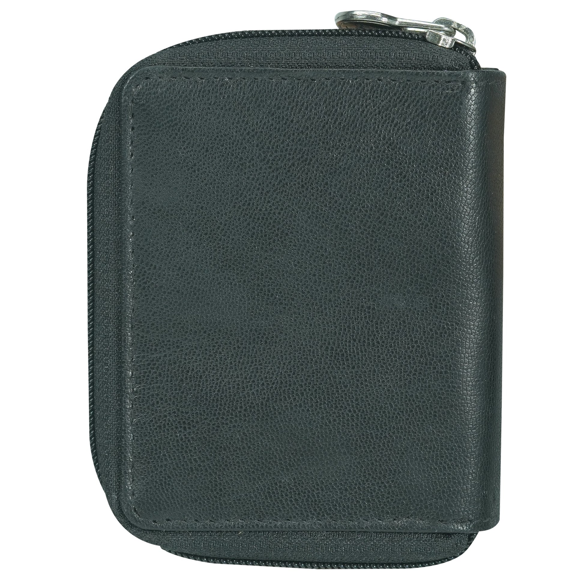 Black leather zippered wallet - back view on a white background