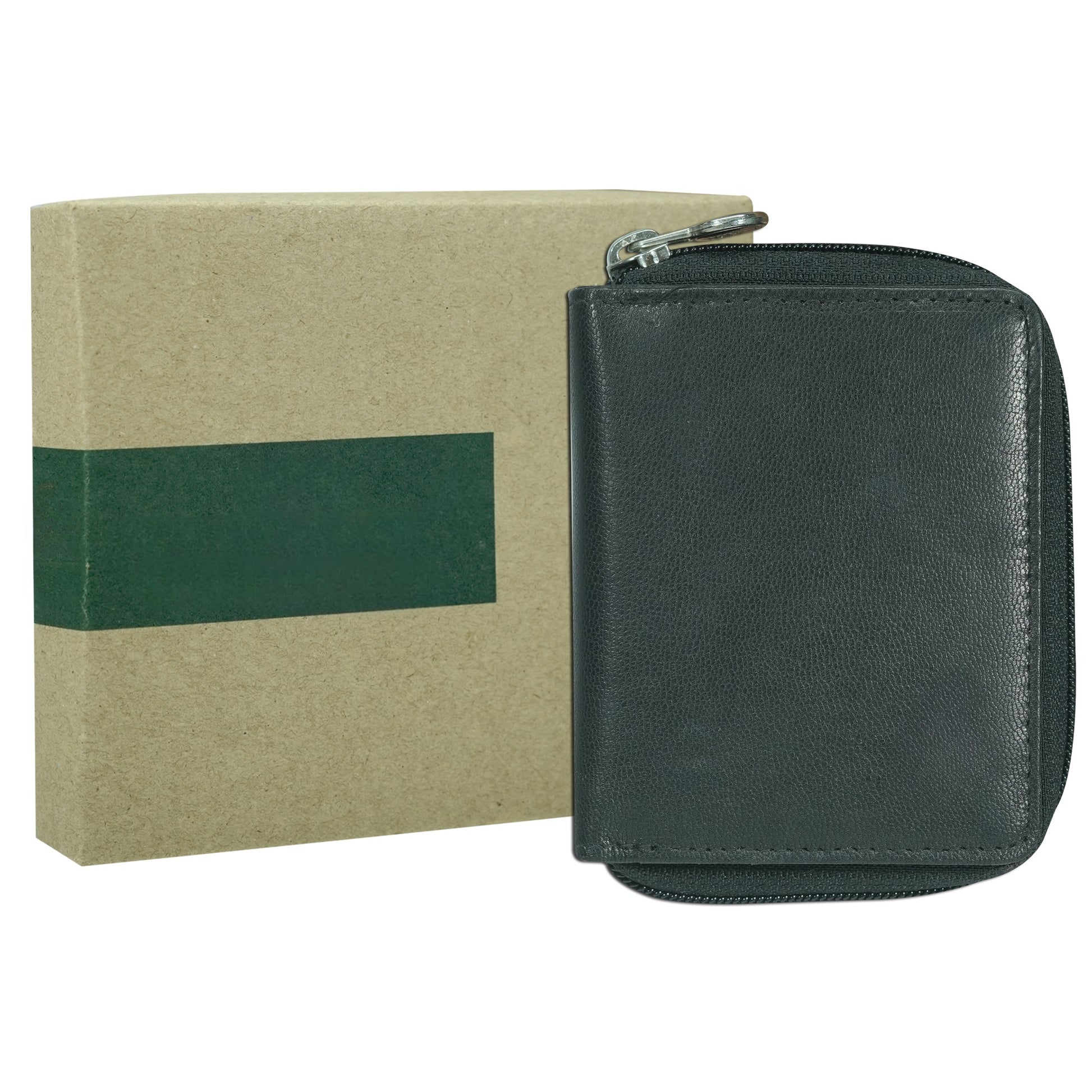 Black leather wallet with a beige box featuring a green stripe on a white background