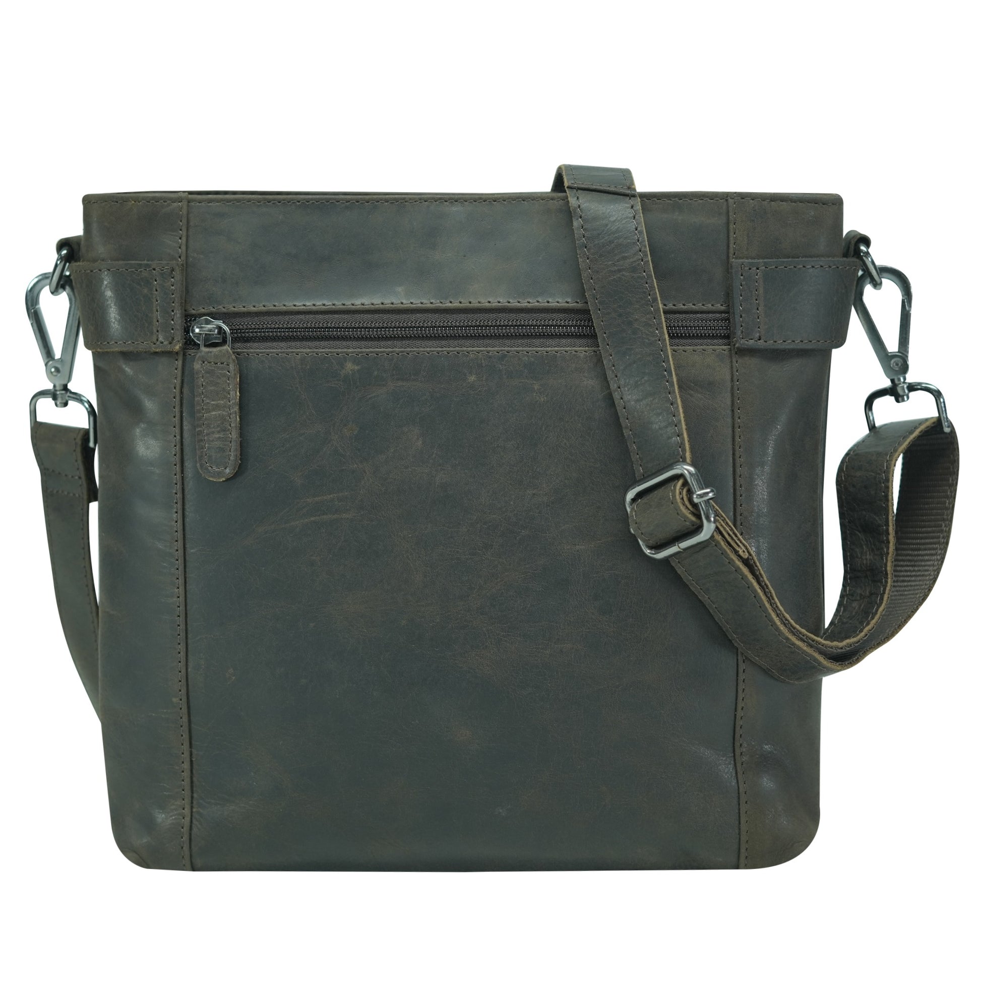 Brown leather shoulder bag with a strap on a white background