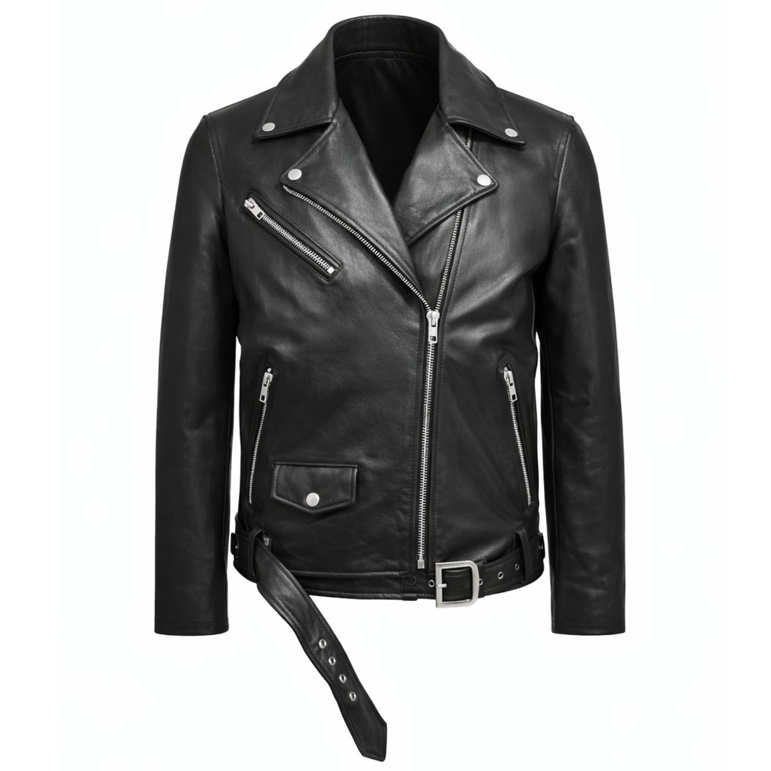 Man wearing a black leather jacket on a white background