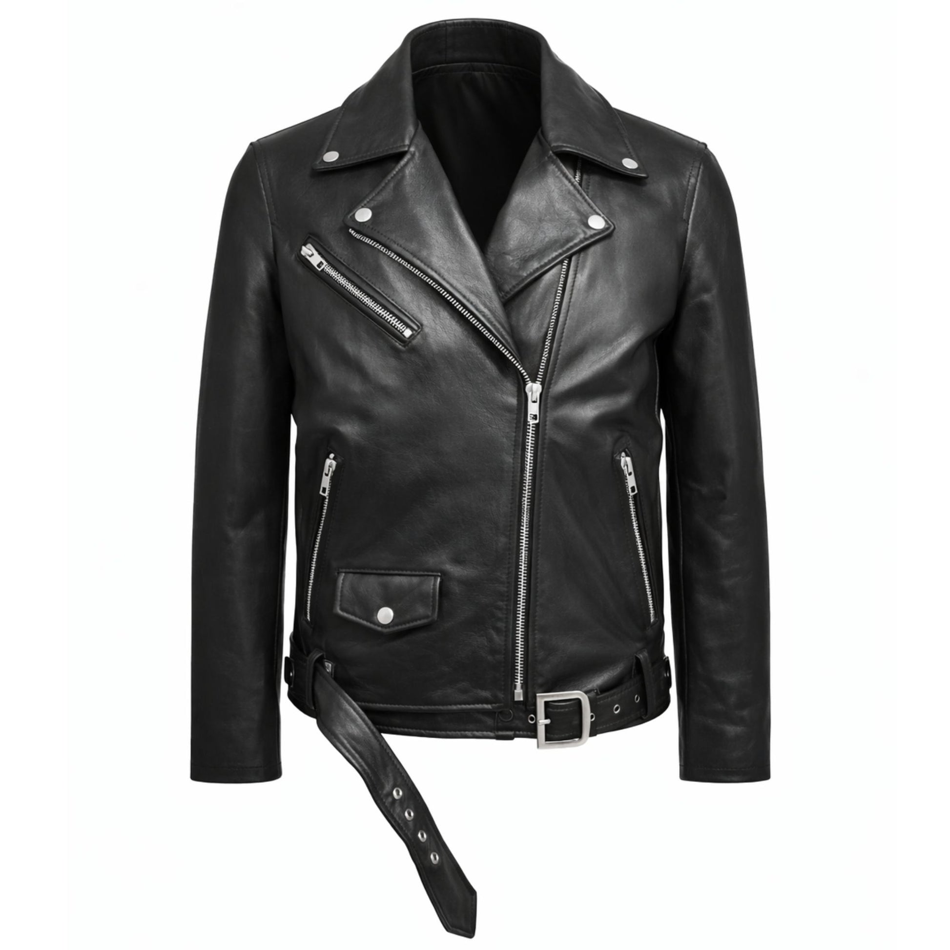 Black 100% calf leather biker jacket front view with full-length zipper, notched lapel, and adjustable belt.