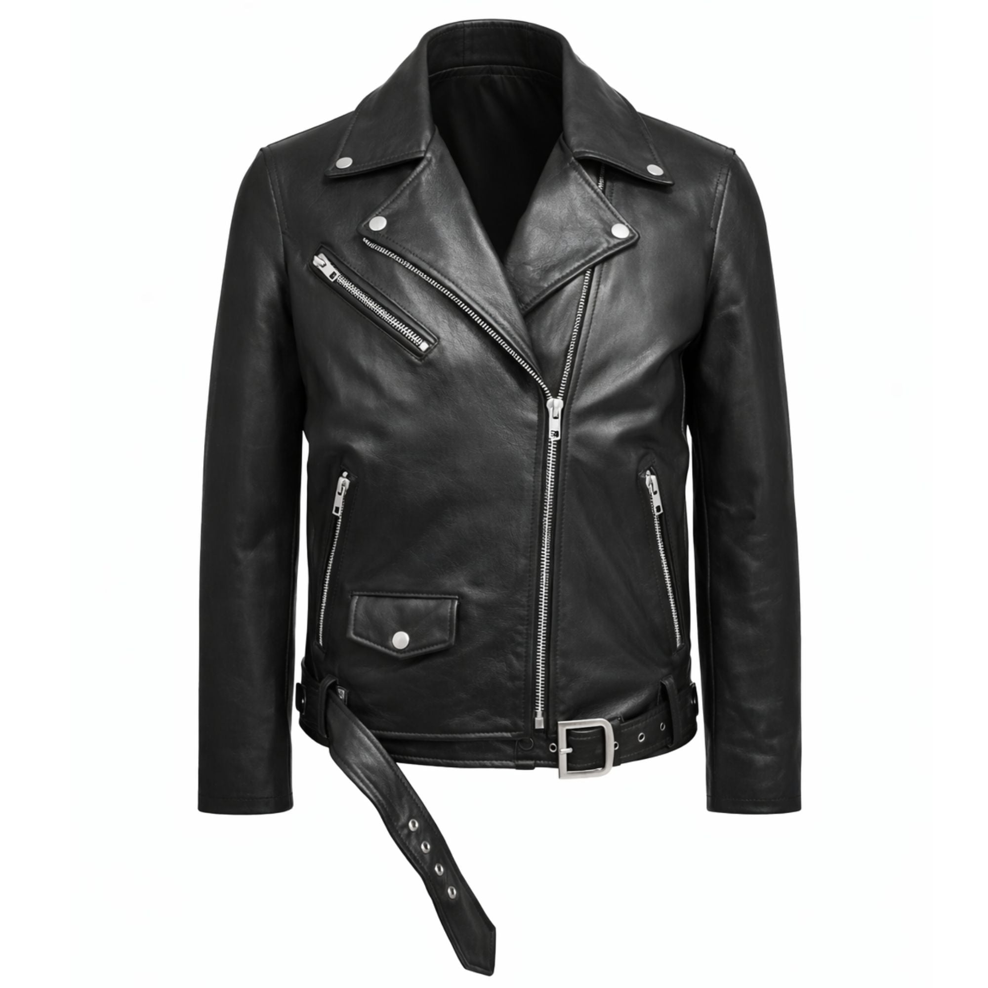 Black 100% calf leather biker jacket front view with full-length zipper, notched lapel, and adjustable belt.