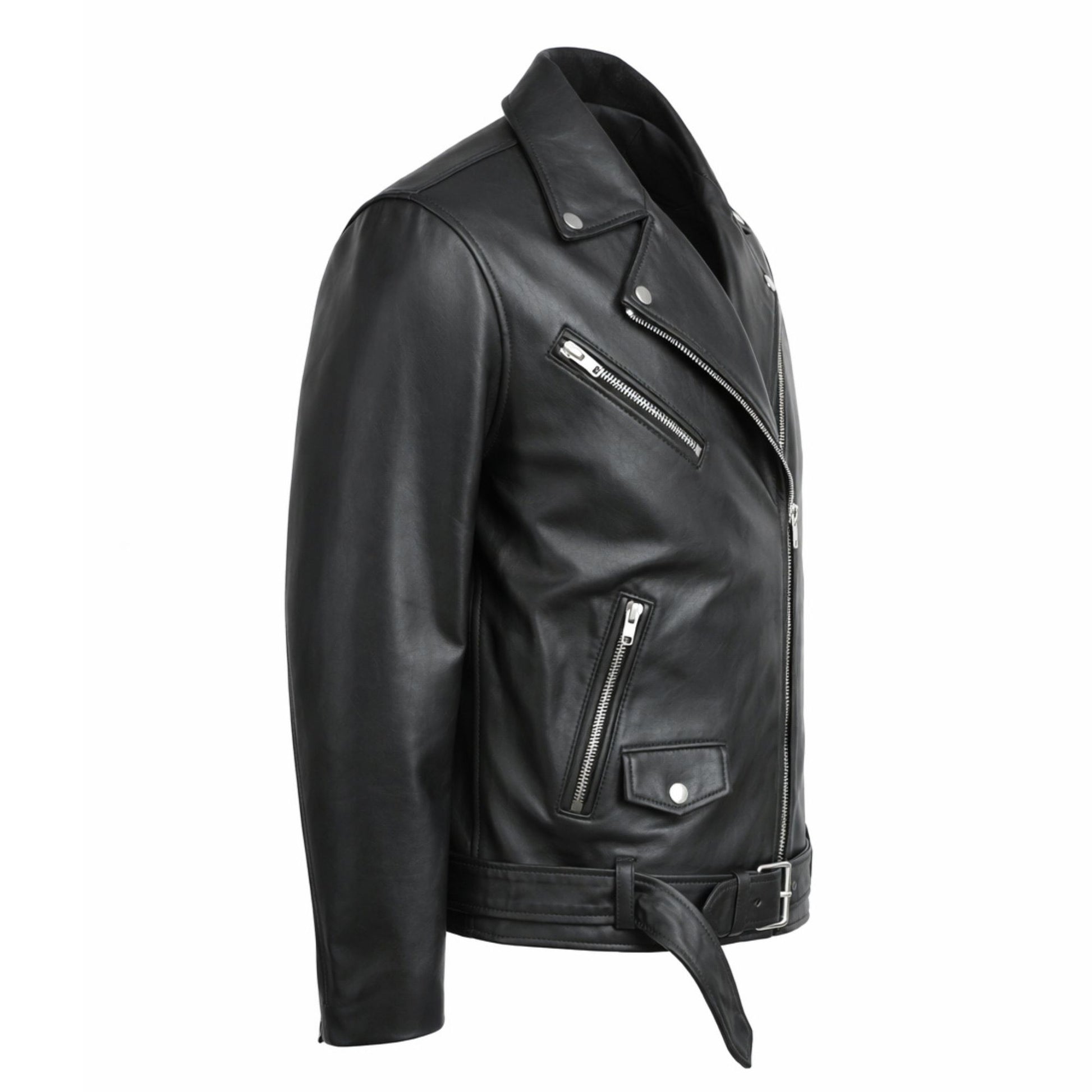 Premium black calf leather motorcycle jacket side profile showing modern fit and zipped cuffs