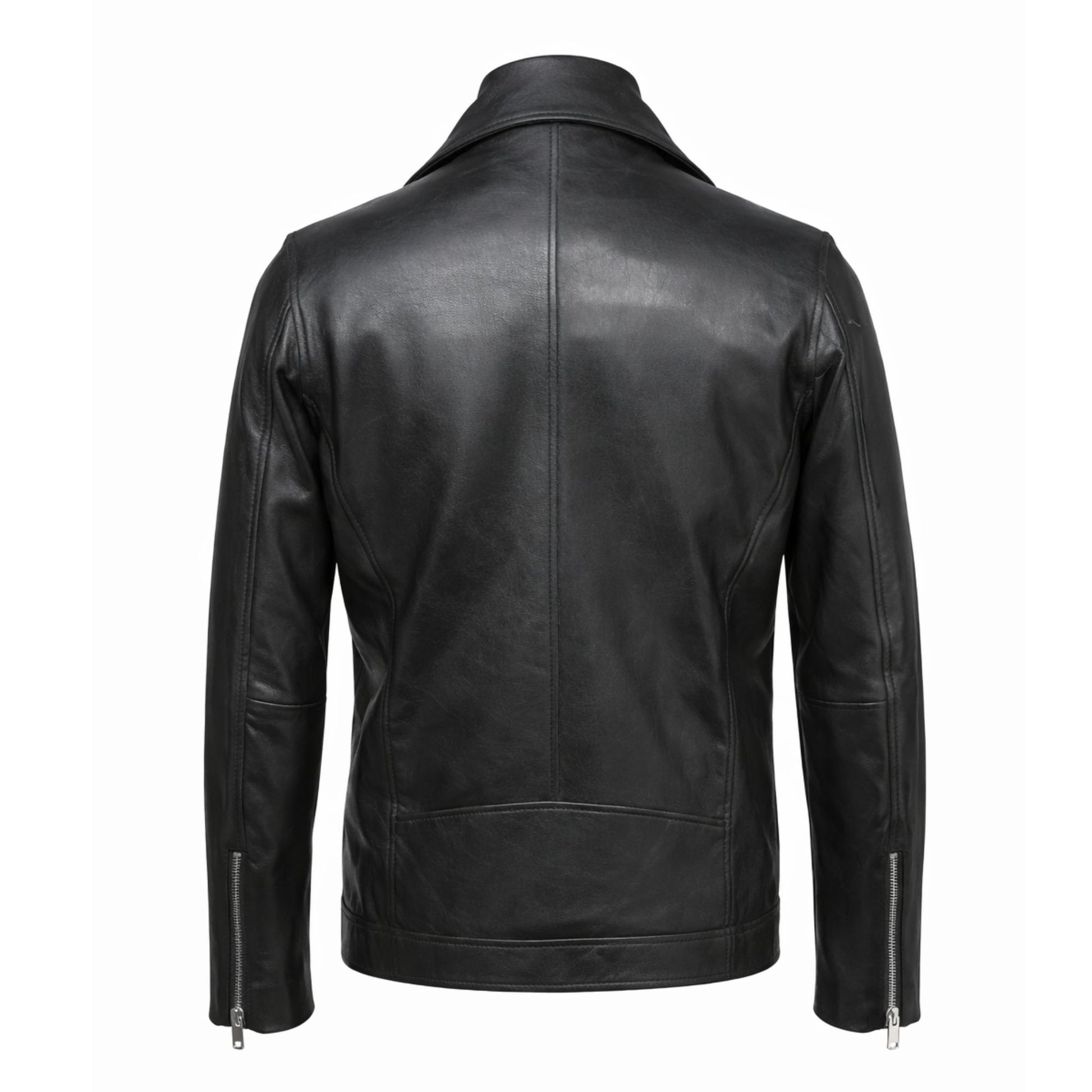 Back view of black leather biker jacket displaying clean seam construction and tailored fit