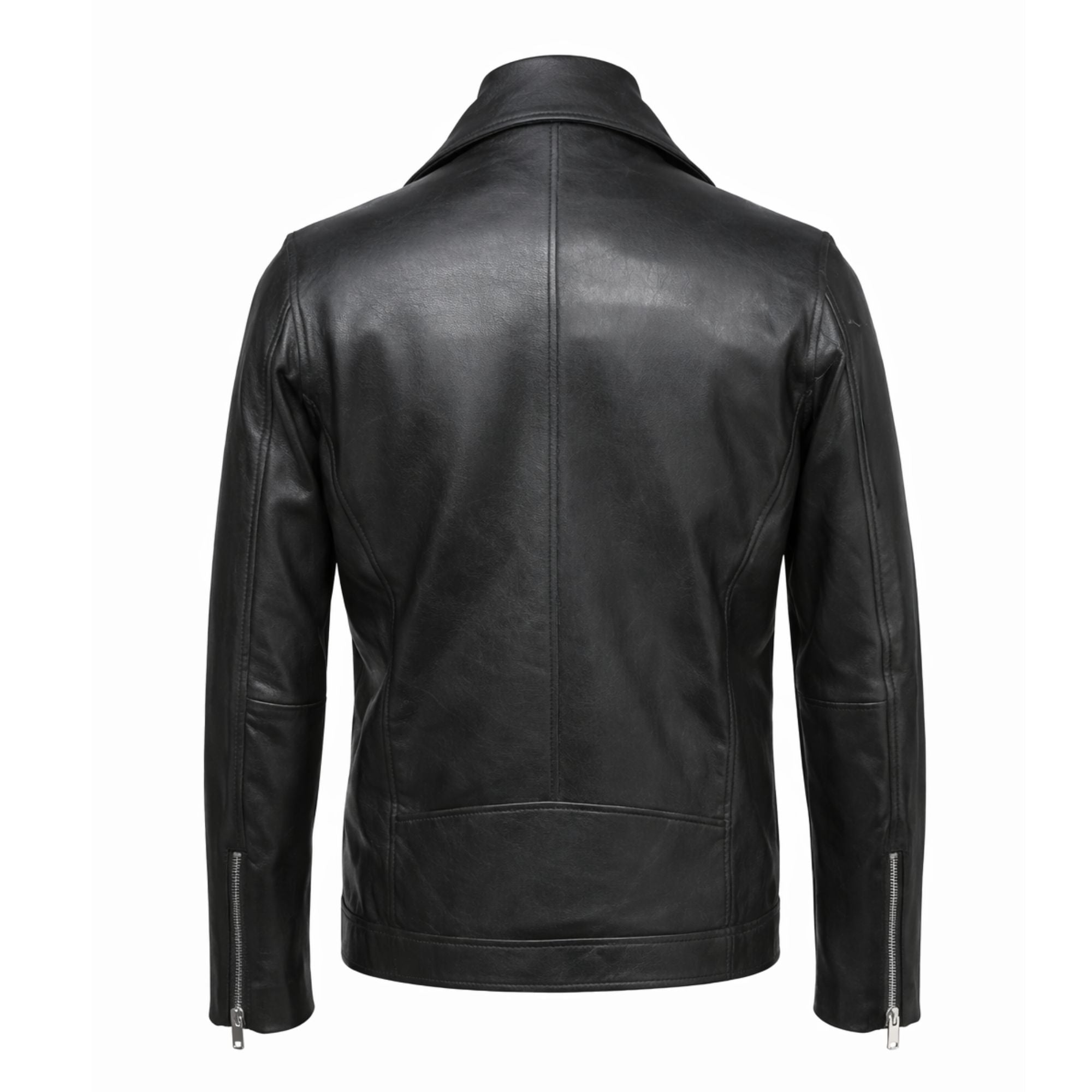 Back view of black leather biker jacket displaying clean seam construction and tailored fit