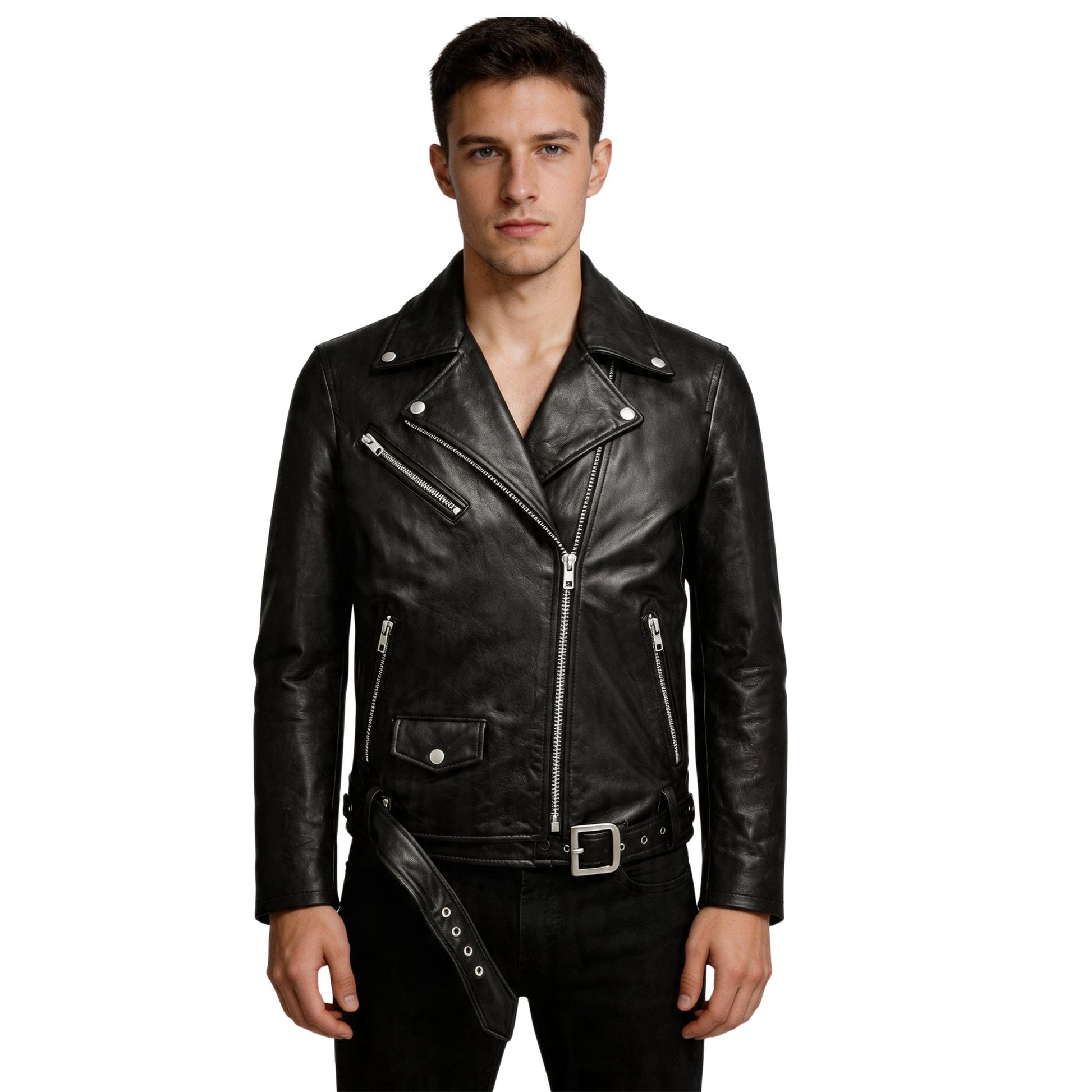 Man wearing a black leather jacket on a white background