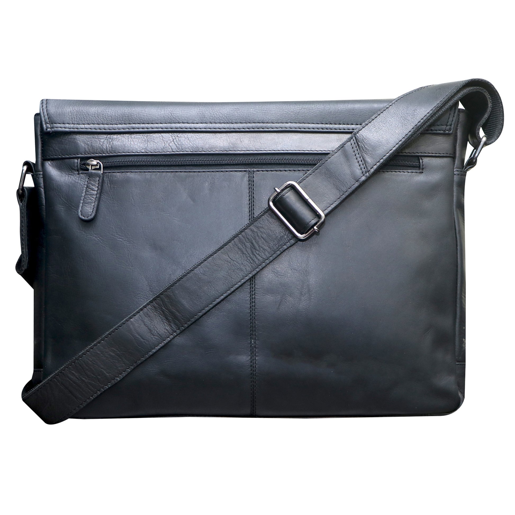 Black leather messenger bag back view 