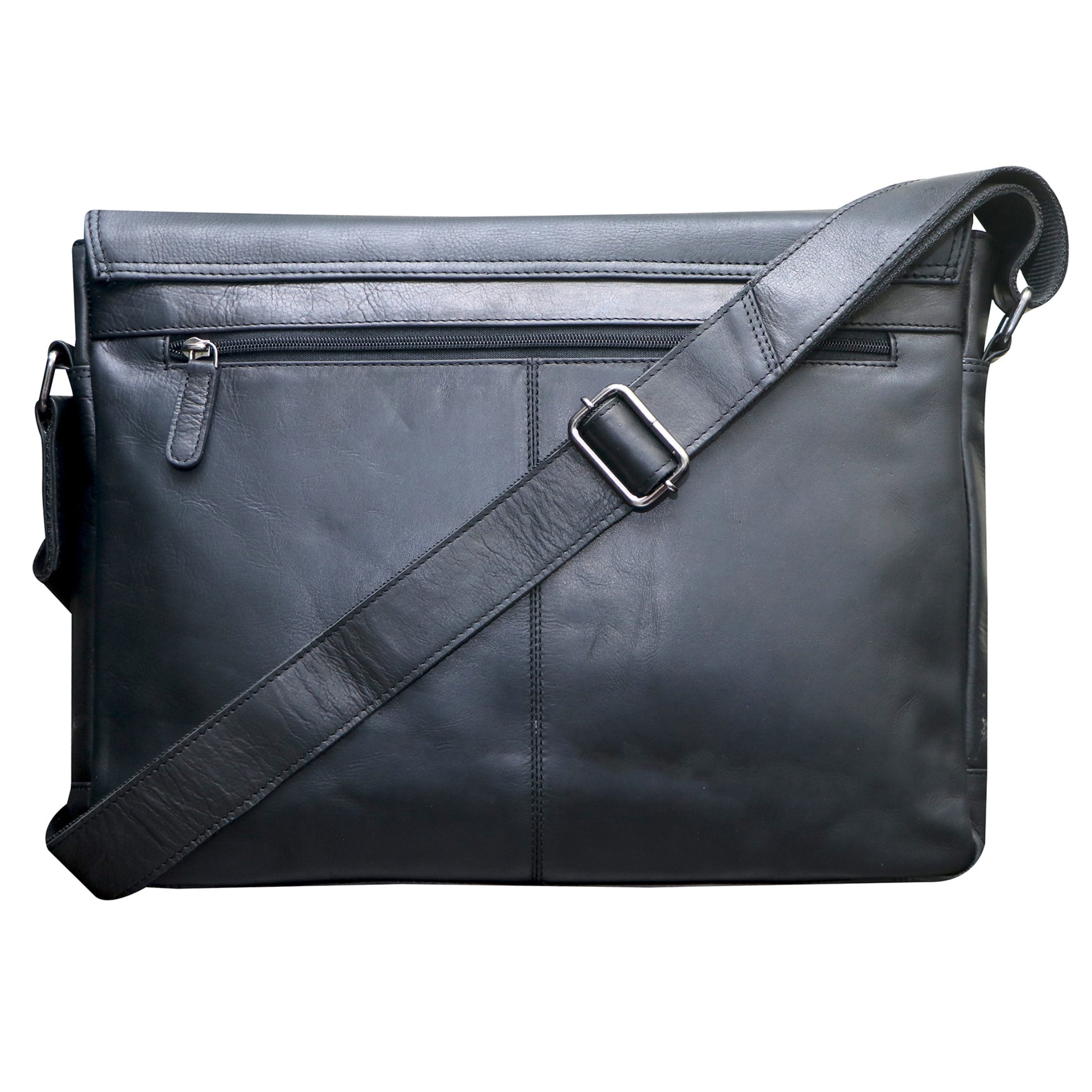 Black leather messenger bag back view 