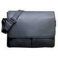 Black leather messenger bag on a white background
