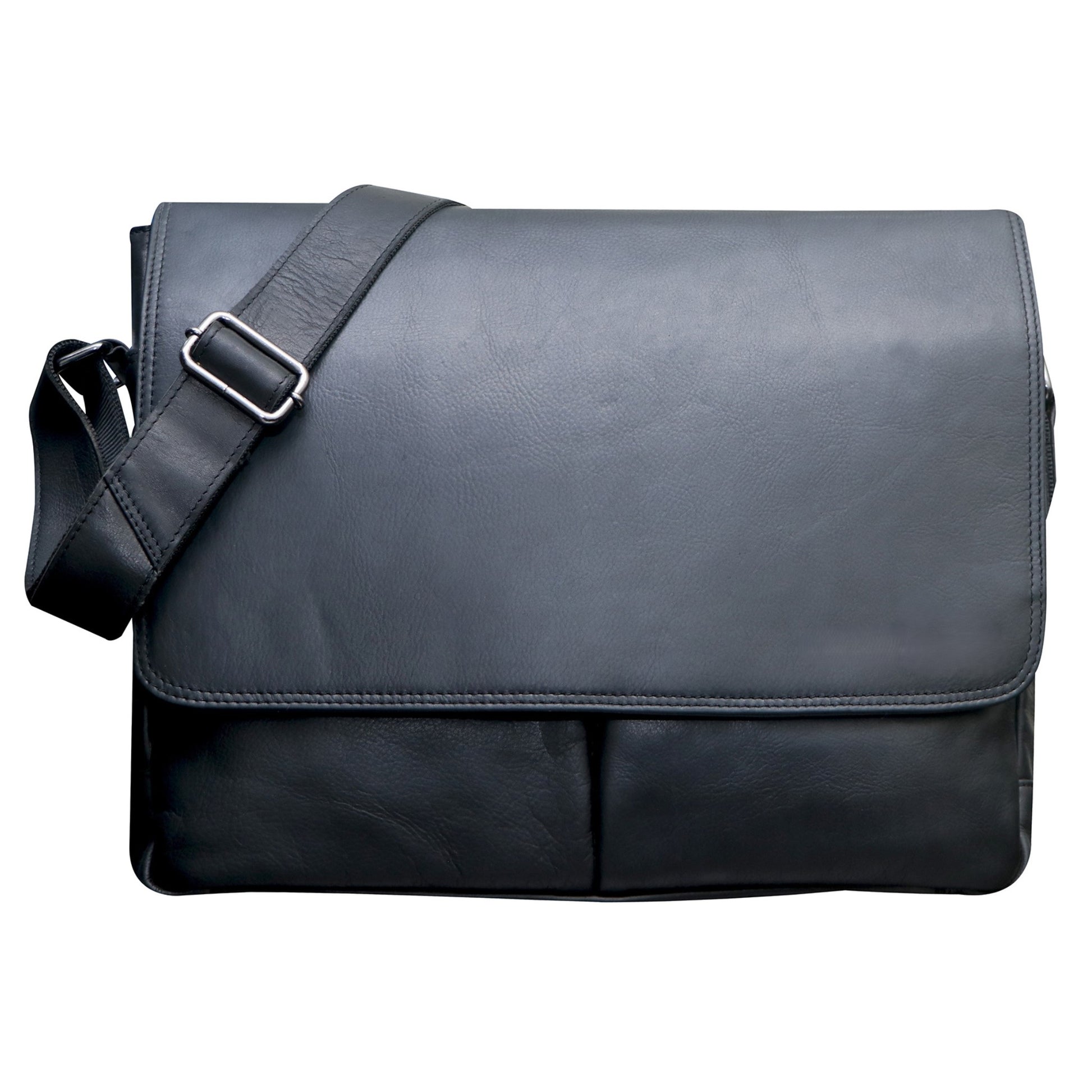 Black leather messenger bag on a white background