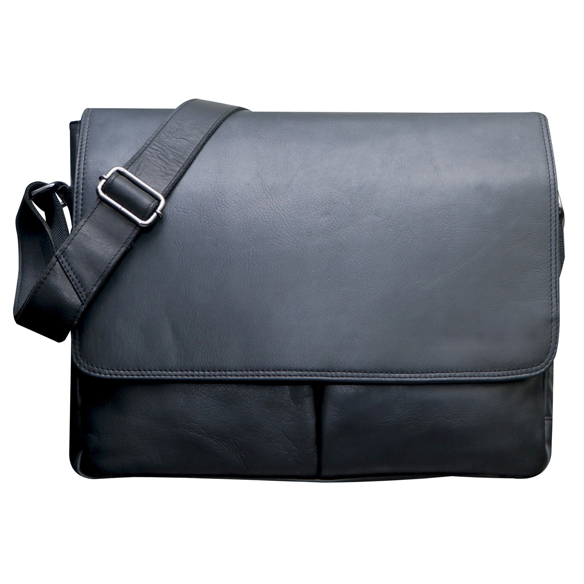 Black leather messenger bag on a white background
