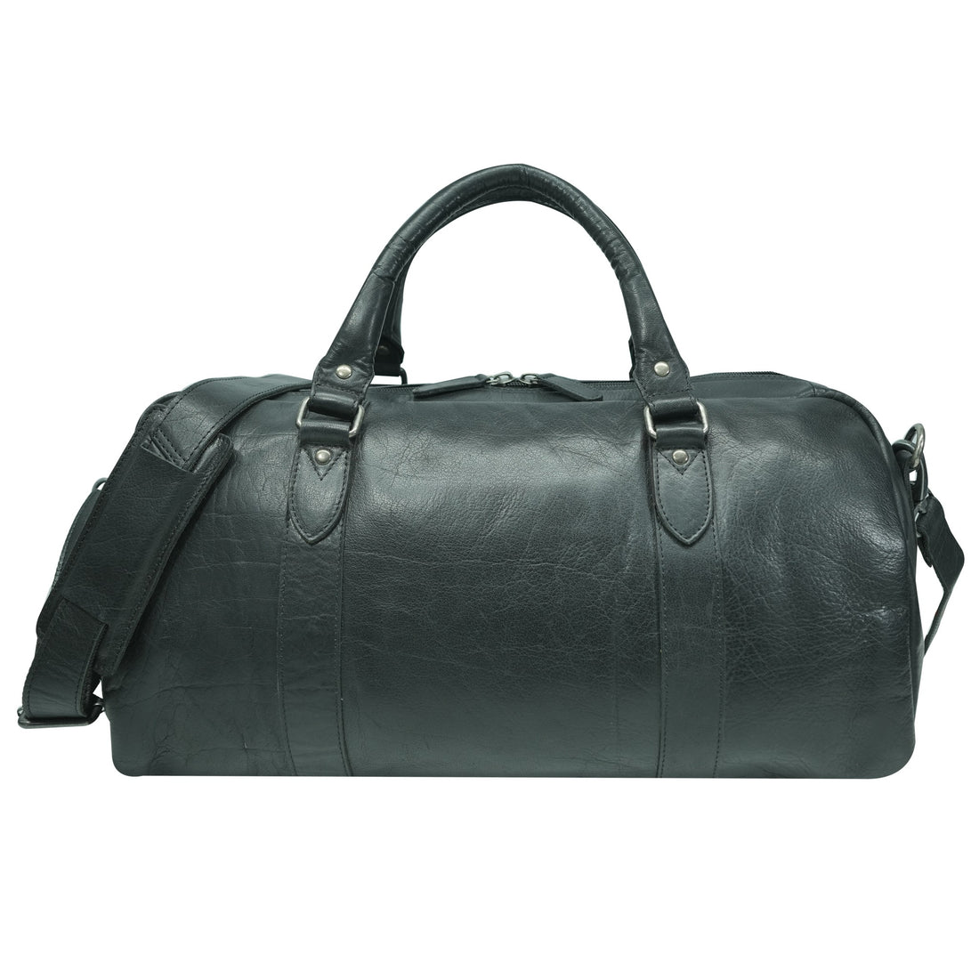 Black leather duffel bag on a white background