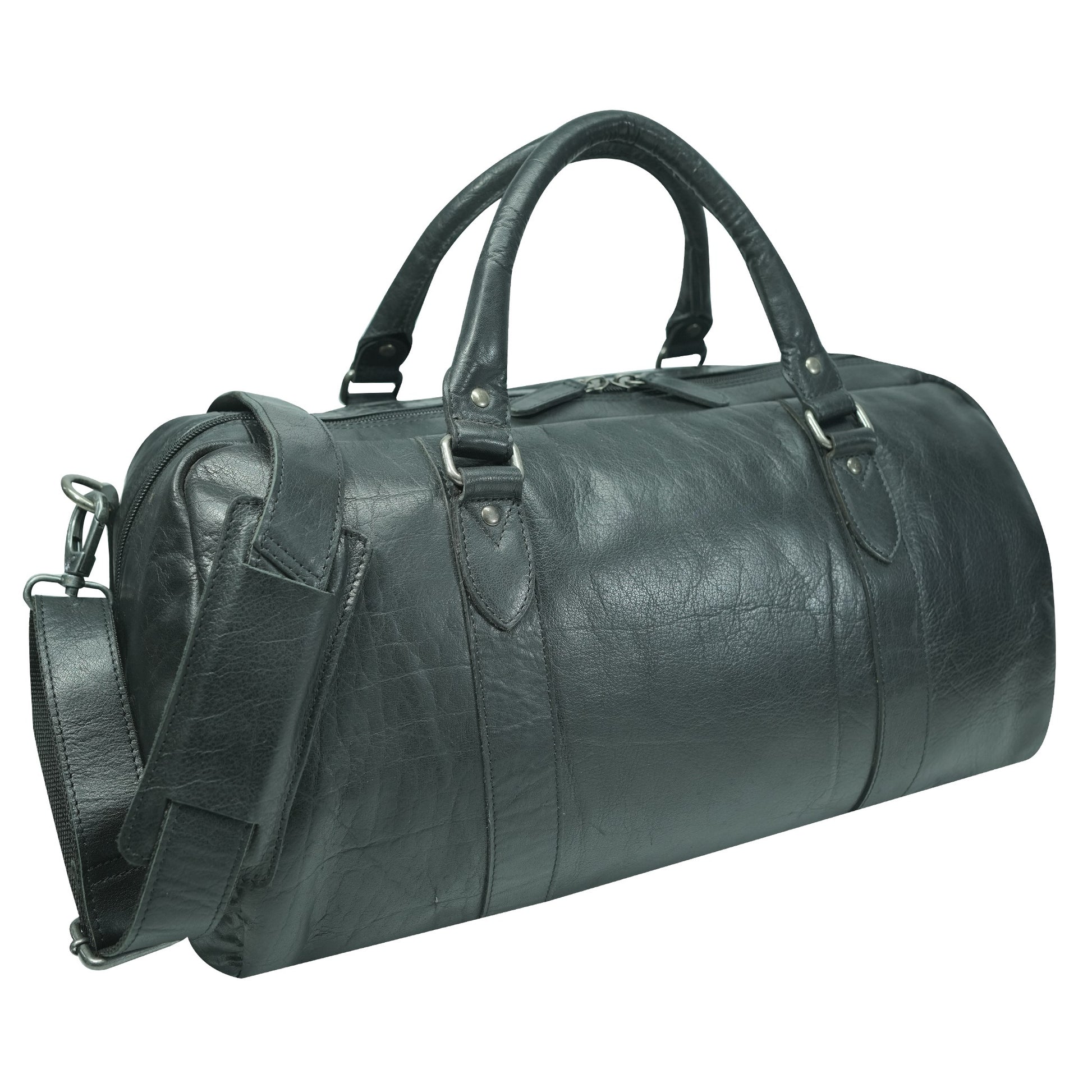 Black leather duffel bag with shoulder strap on a white background