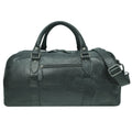 Black leather duffel bag back view with a strap on a white background