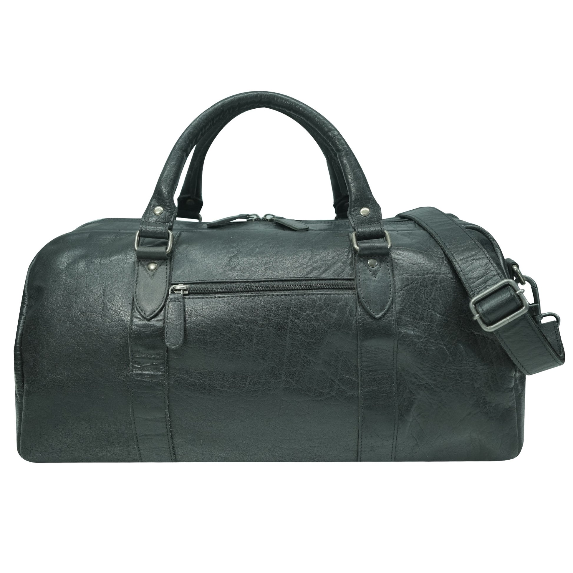 Black leather duffel bag back view with a strap on a white background