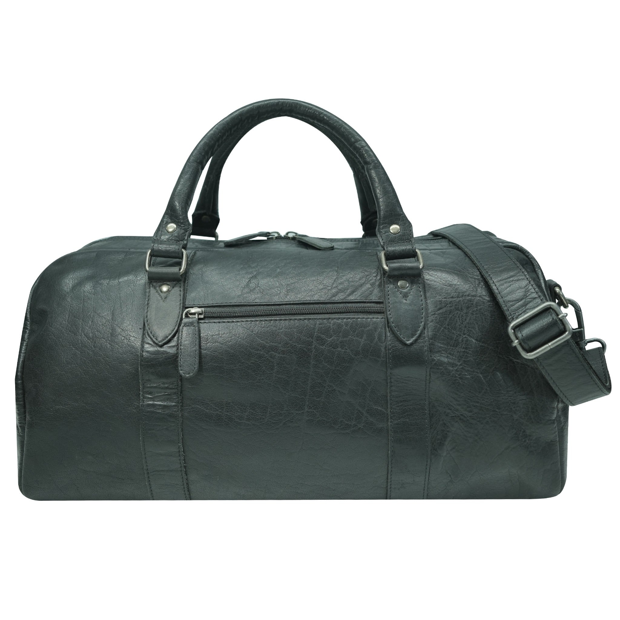 Black leather duffel bag back view with a strap on a white background