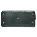 Black leather duffel bag bottom view with silver buttons on a white background