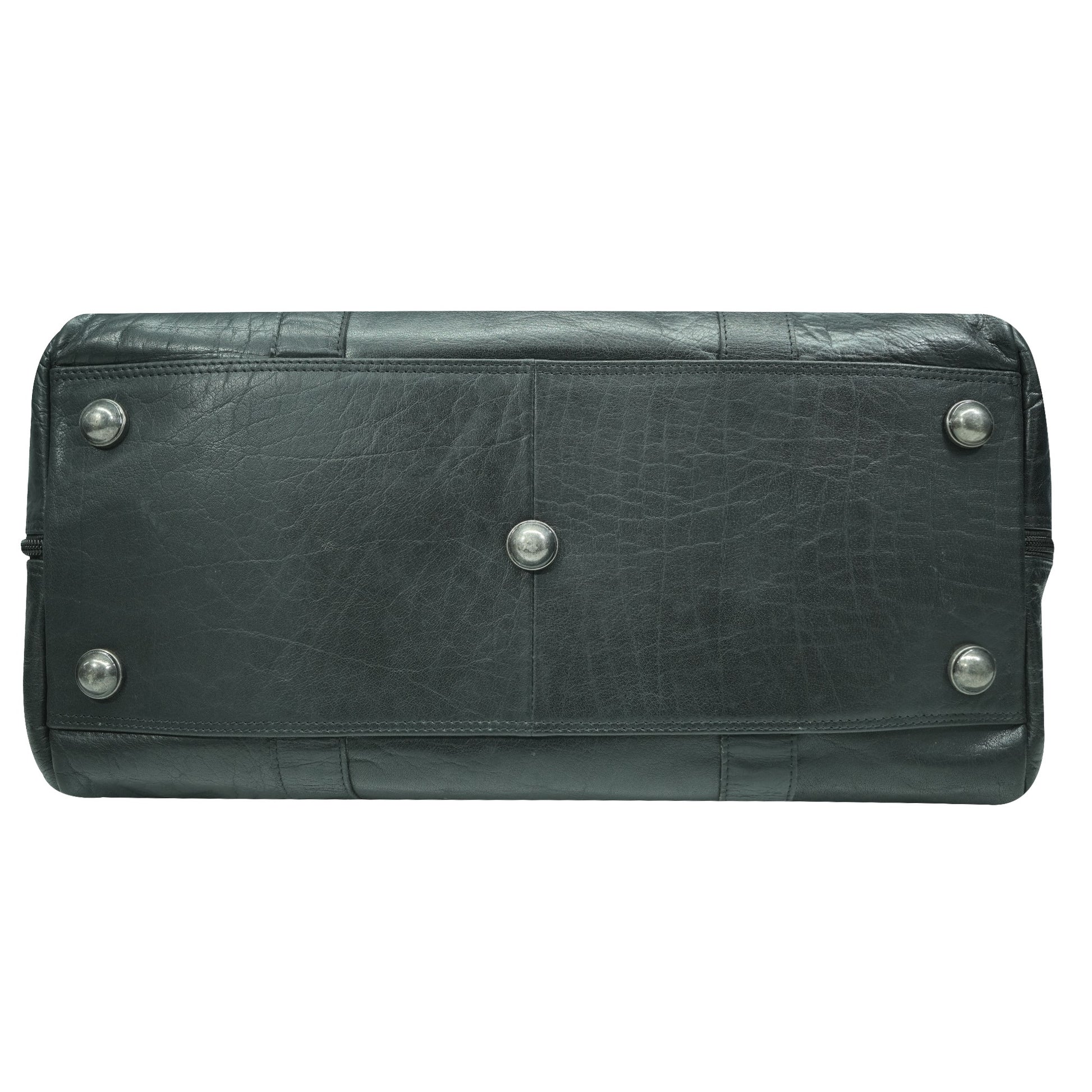 Black leather duffel bag bottom view with silver buttons on a white background