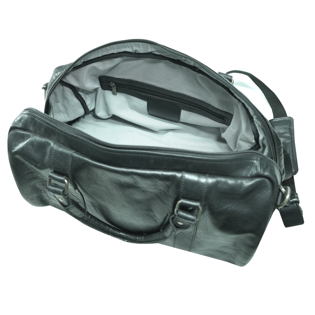 Black leather duffel bag on a white background