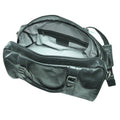 Black leather duffel bag open view on a white background