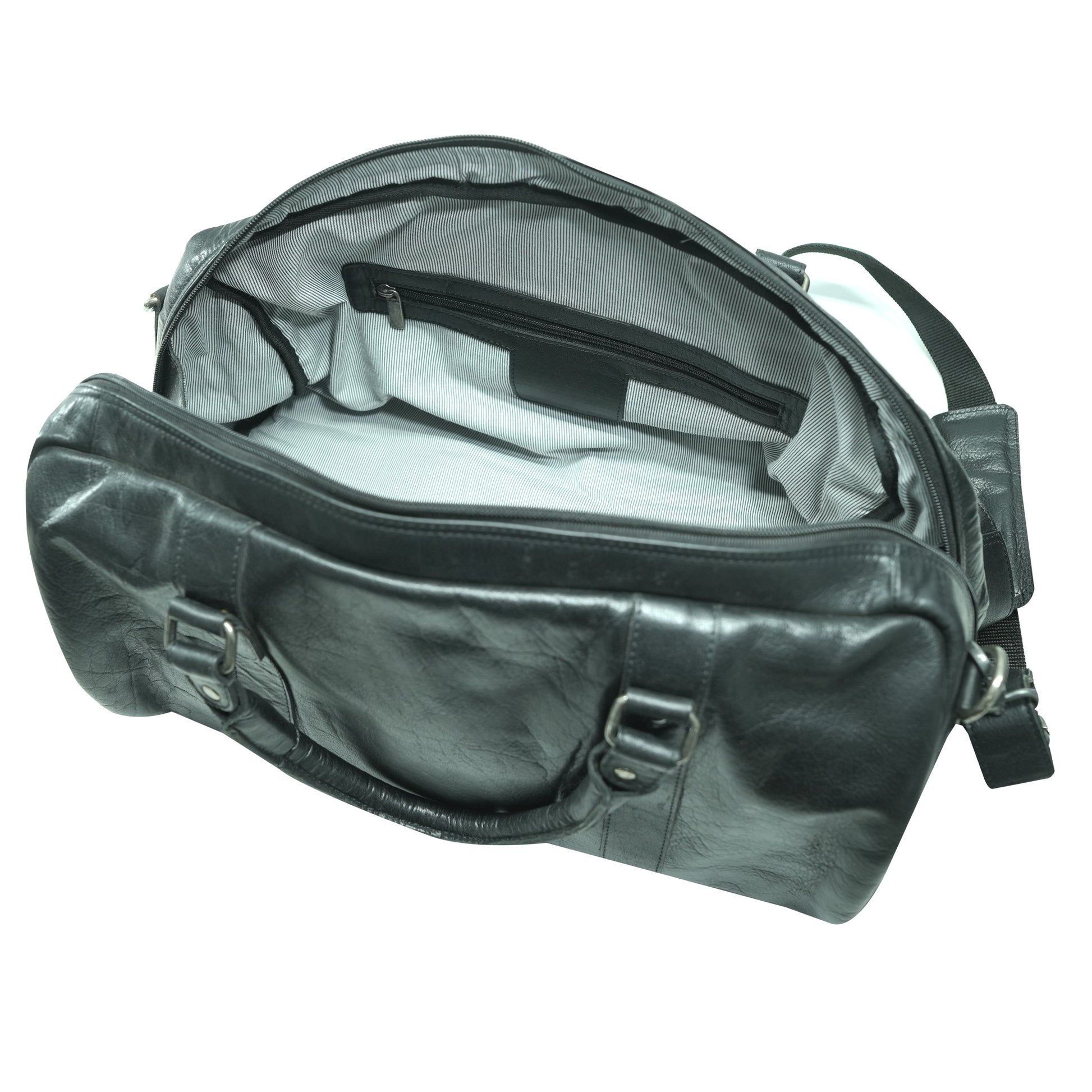 Black leather duffel bag open view on a white background