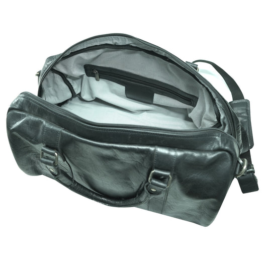 Black leather duffel bag open view on a white background