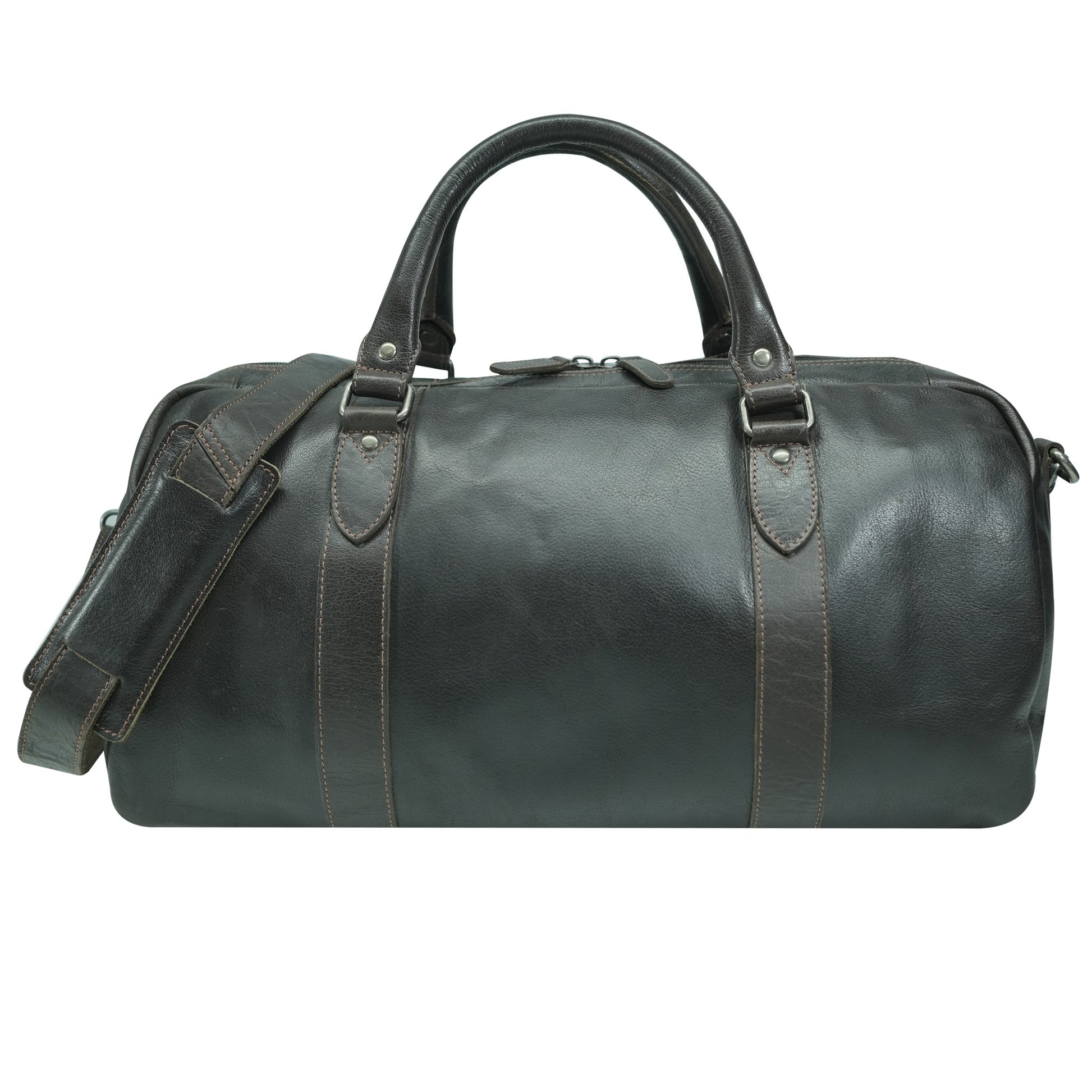 Brown leather duffel bag on a white background