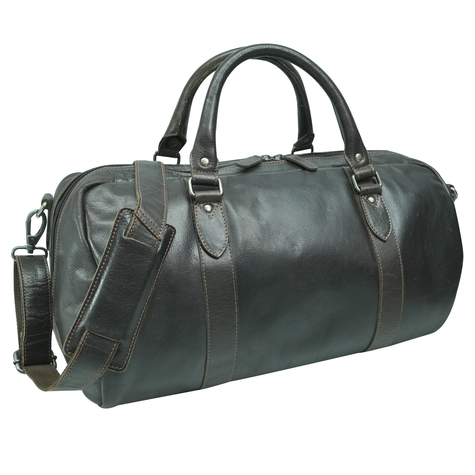 Brown leather duffel bag on a white background