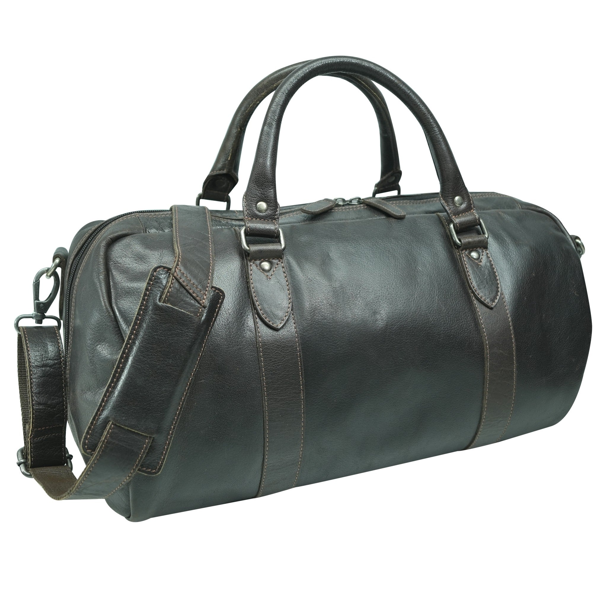 Brown leather duffel bag on a white background