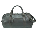Brown leather duffel bag back view with a shoulder strap on a white background