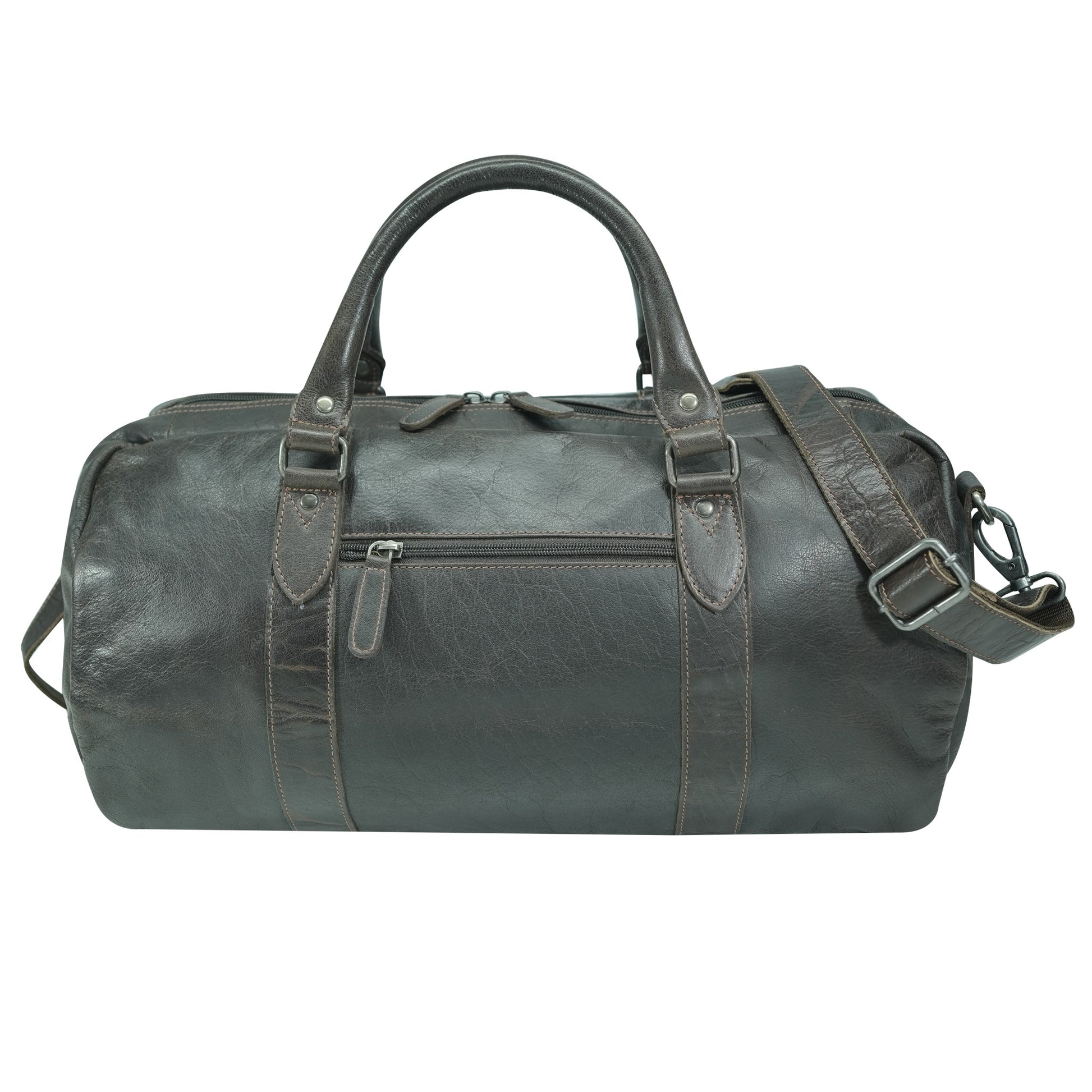 Brown leather duffel bag back view with a shoulder strap on a white background