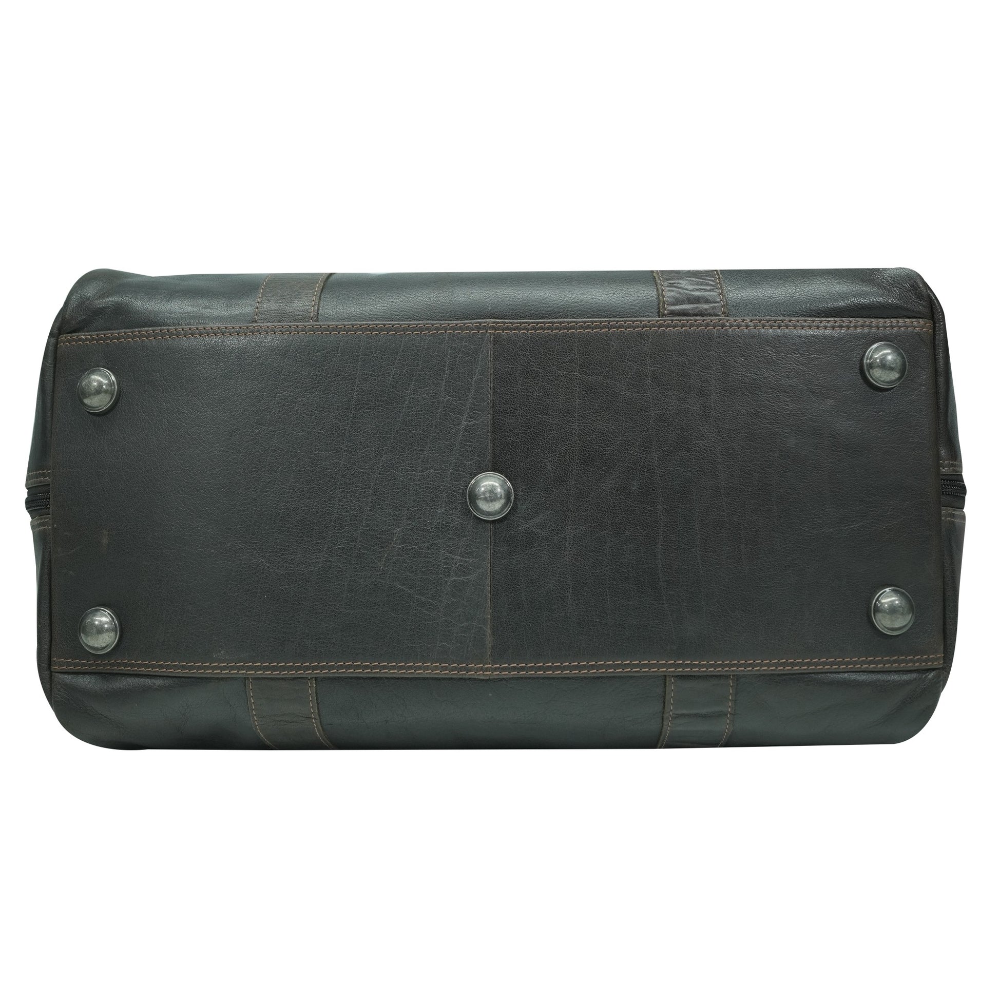 Brown leather bag bottom view silver studs on a white background