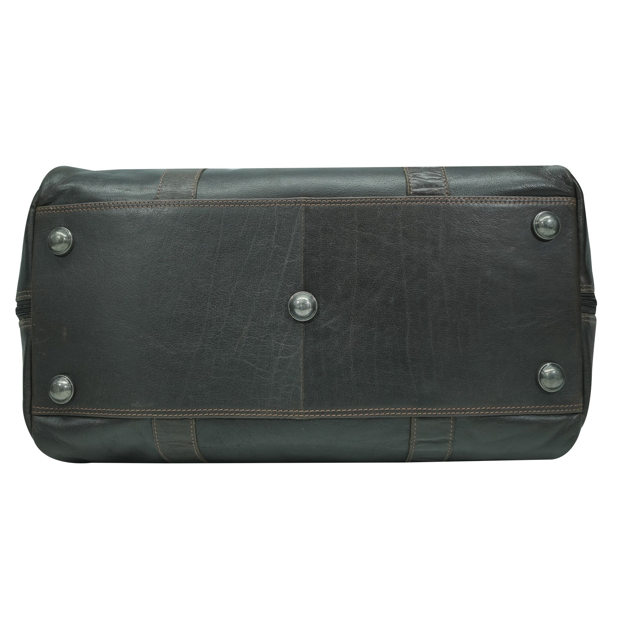 Brown leather bag bottom view silver studs on a white background