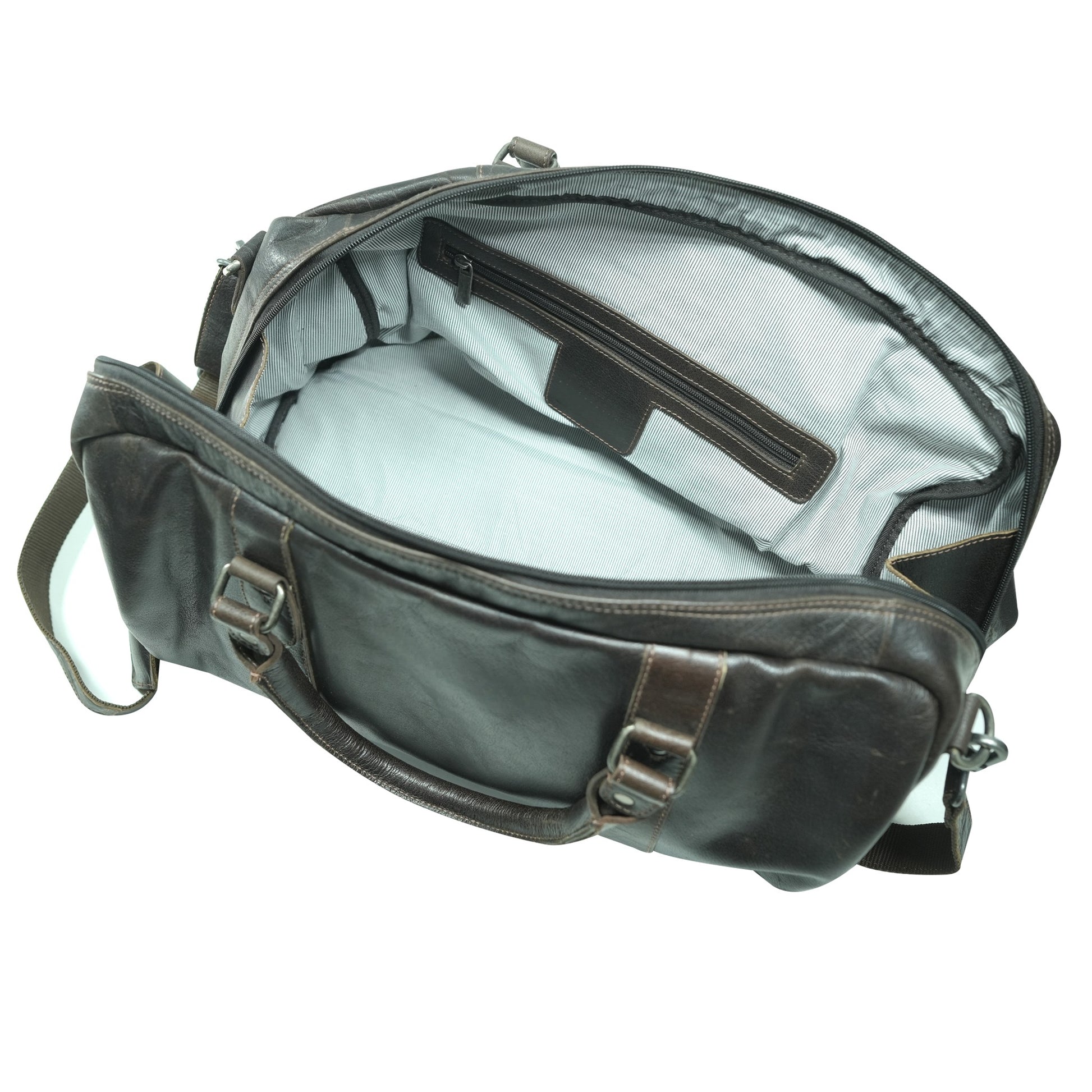 Open brown leather bag on a white background
