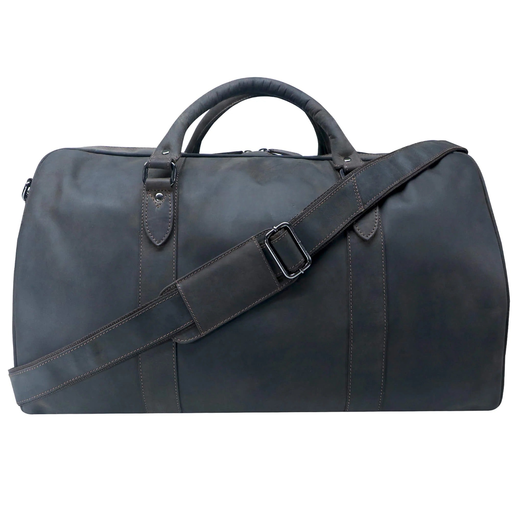 Brown leather duffel bag with a shoulder strap on a white background