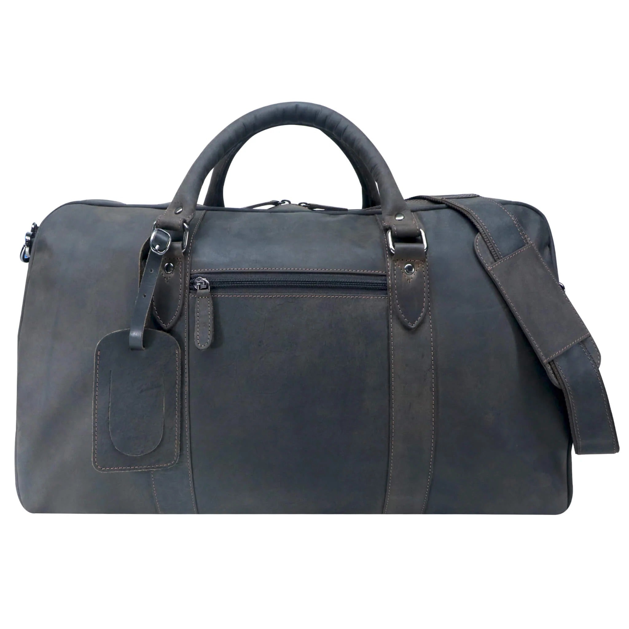 Brown leather duffel bag with shoulder strap back view