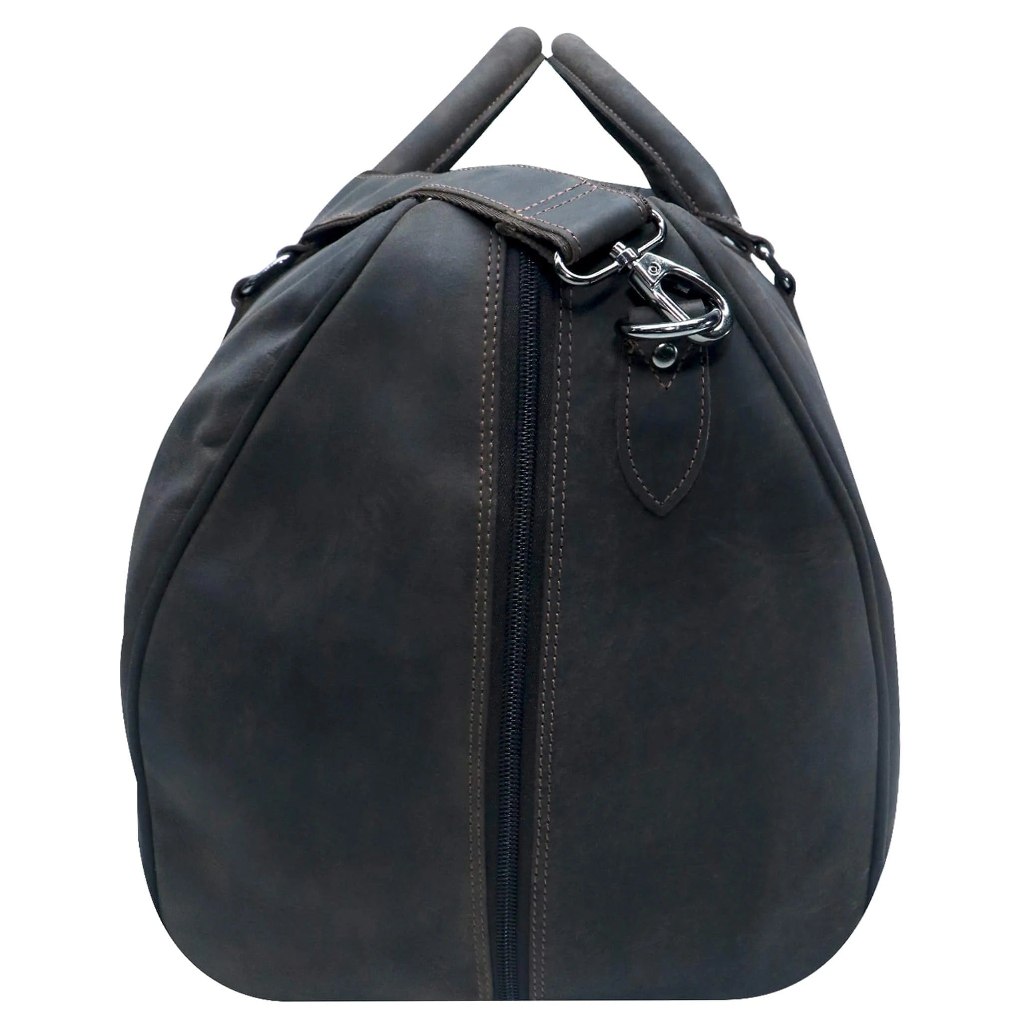 Brown leather duffel bag side view