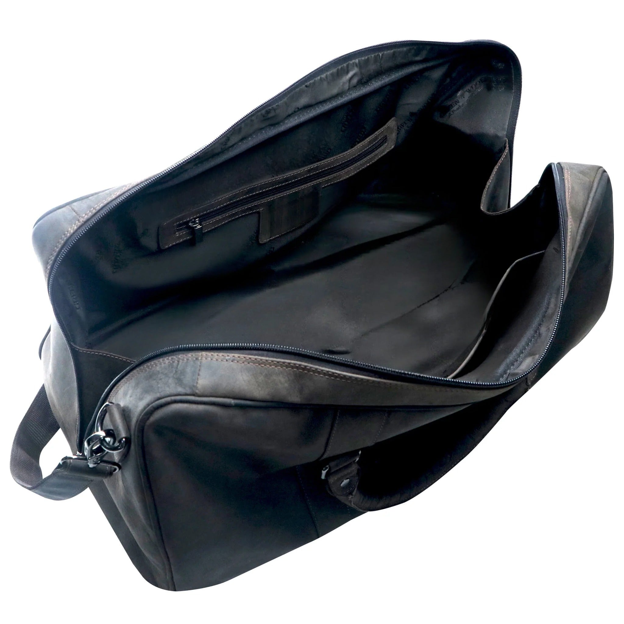 Brown leather duffel bag inside view