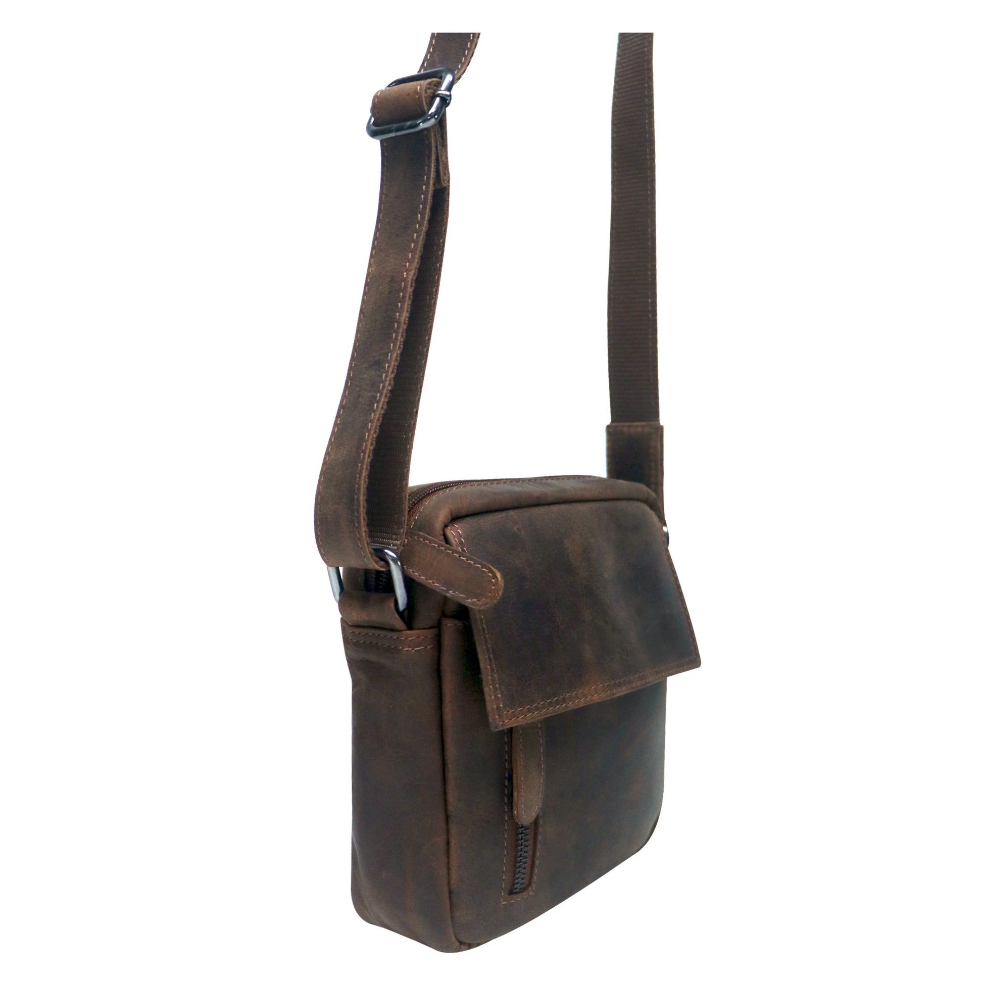 Brown leather crossbody bag on a white background