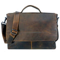Brown leather messenger bag with shoulder strap on a white background