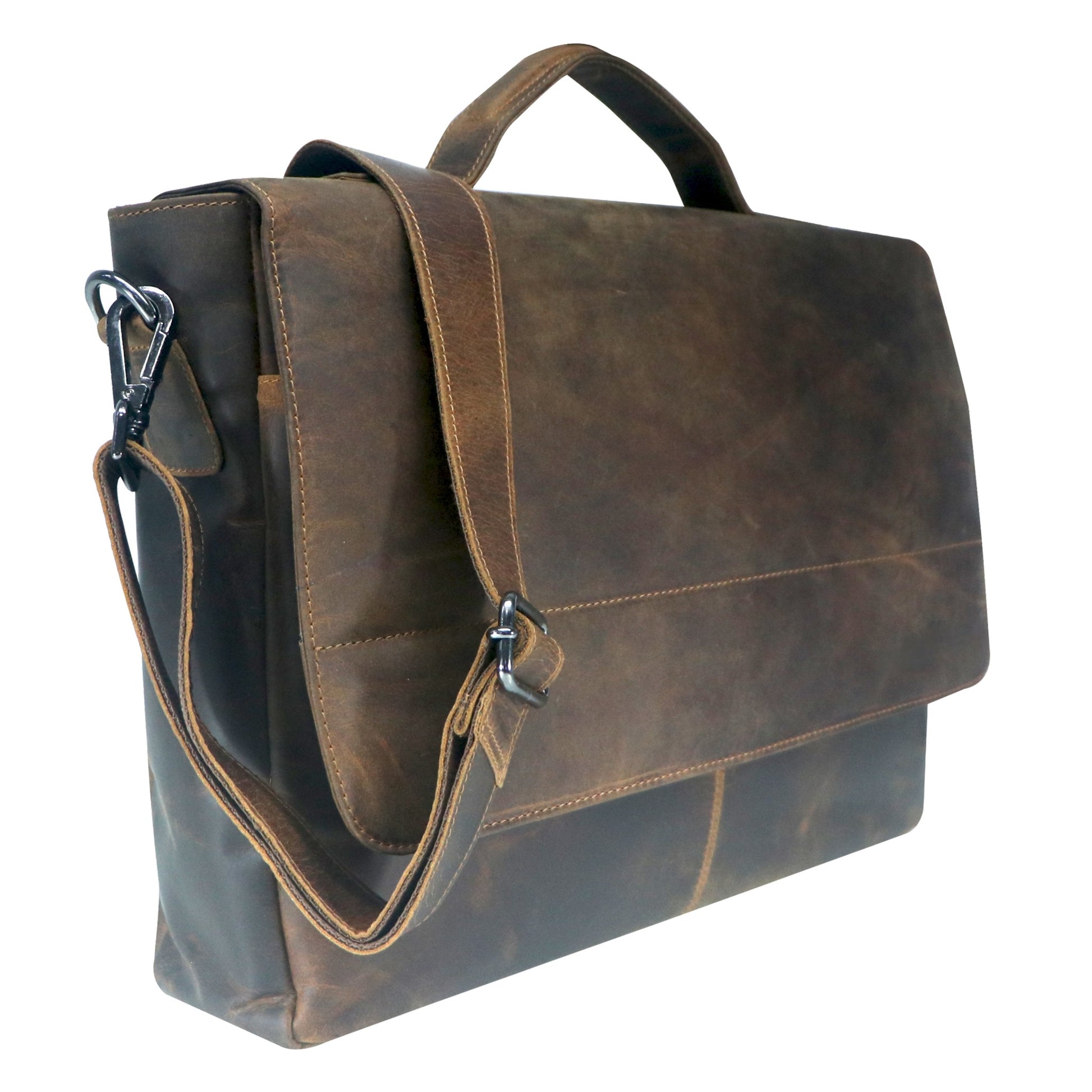 Brown leather briefcase with shoulder strap on a white background