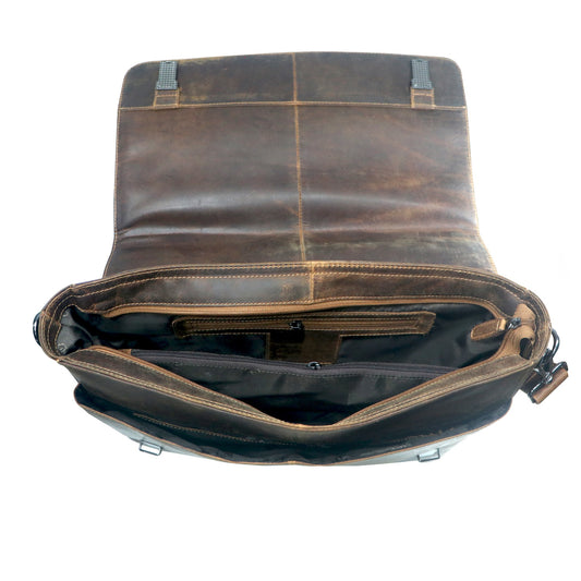 Brown leather bag with visible stitching on a white background