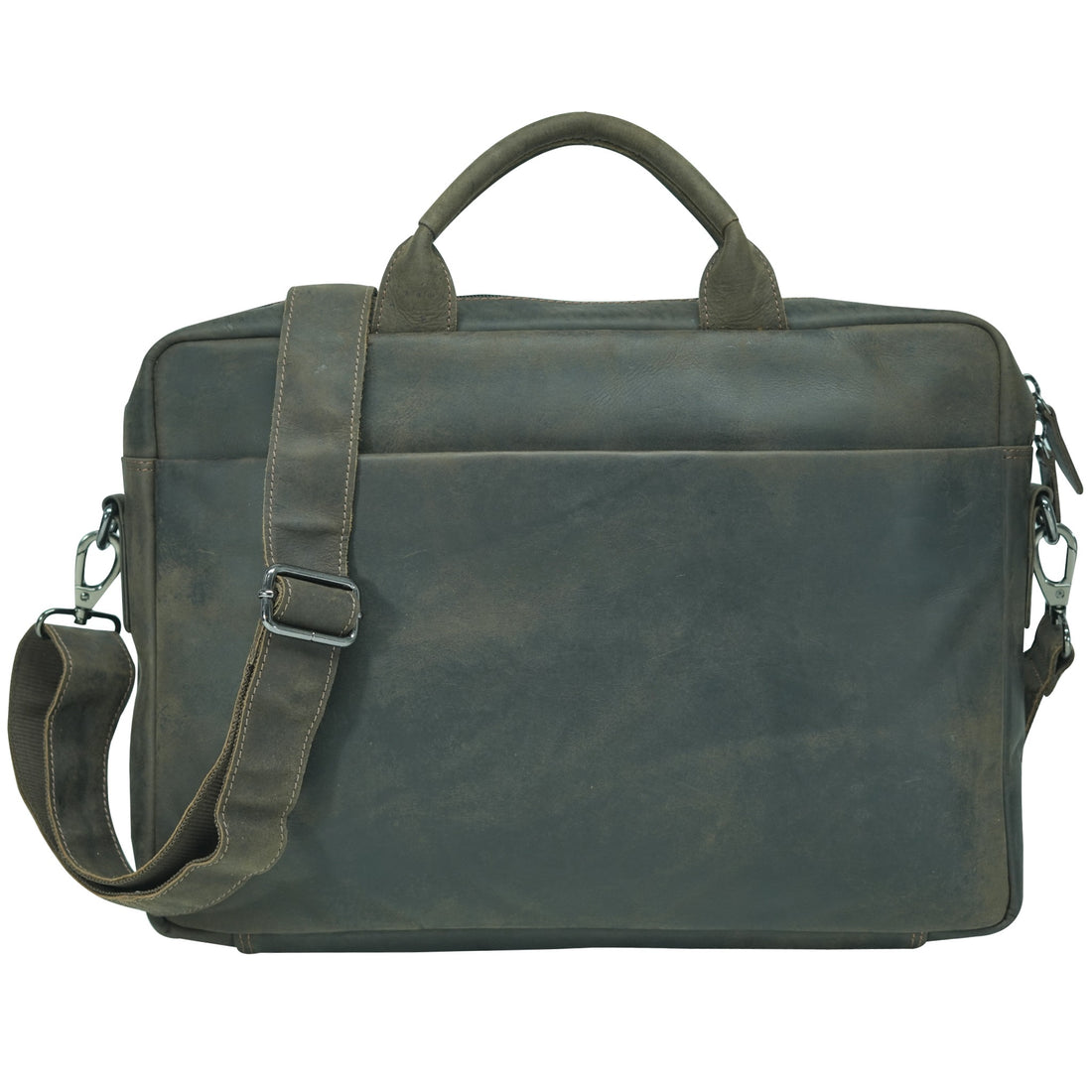 Brown leather briefcase with shoulder strap on a white background