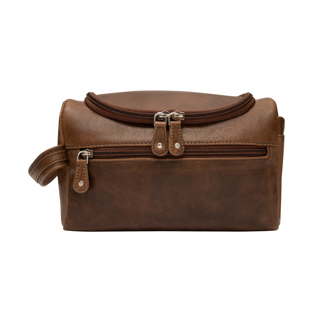 A medium-sized brown leather toiletry bag with zip pockets and a fixed short side handle.