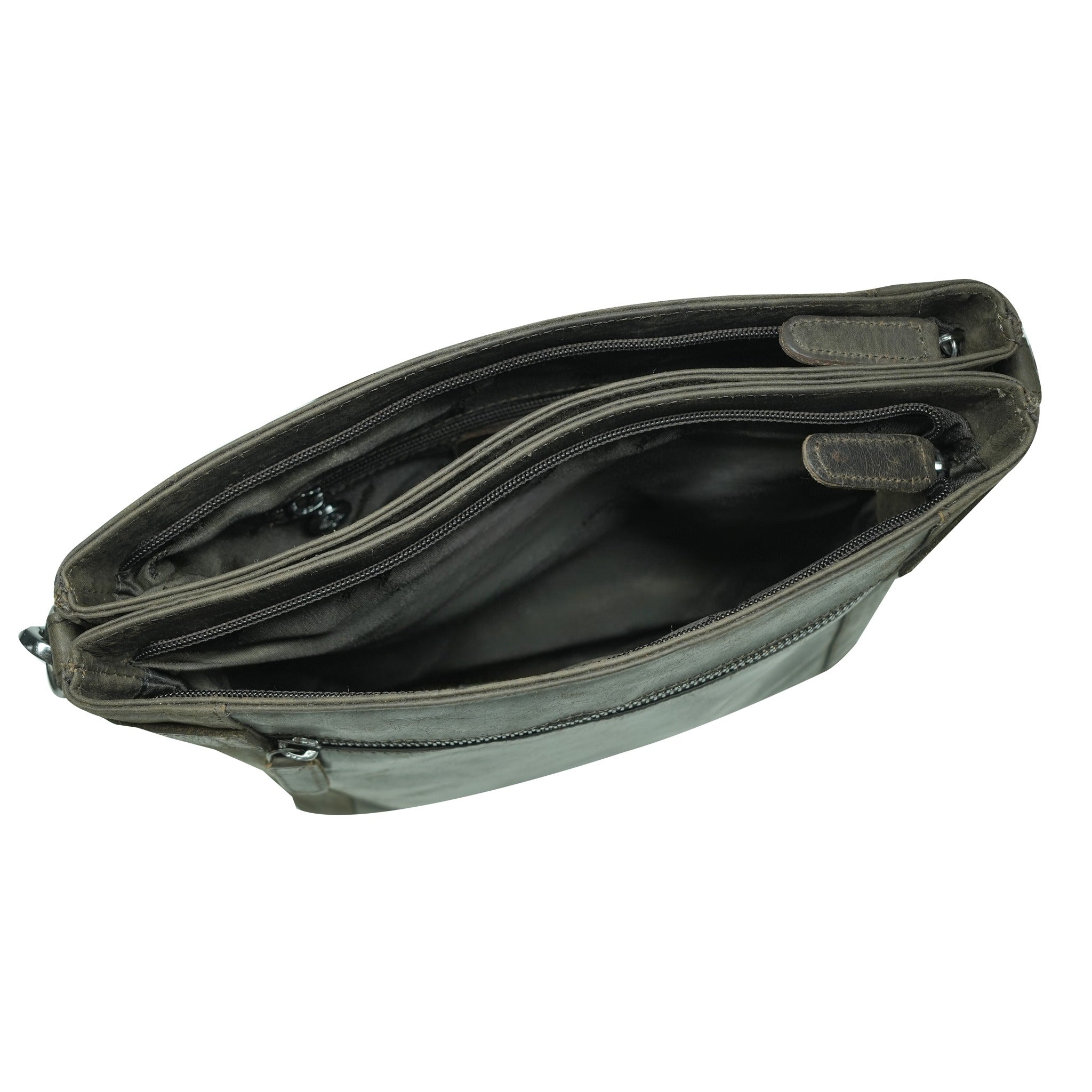 Open brown bag with multiple compartments on a white background