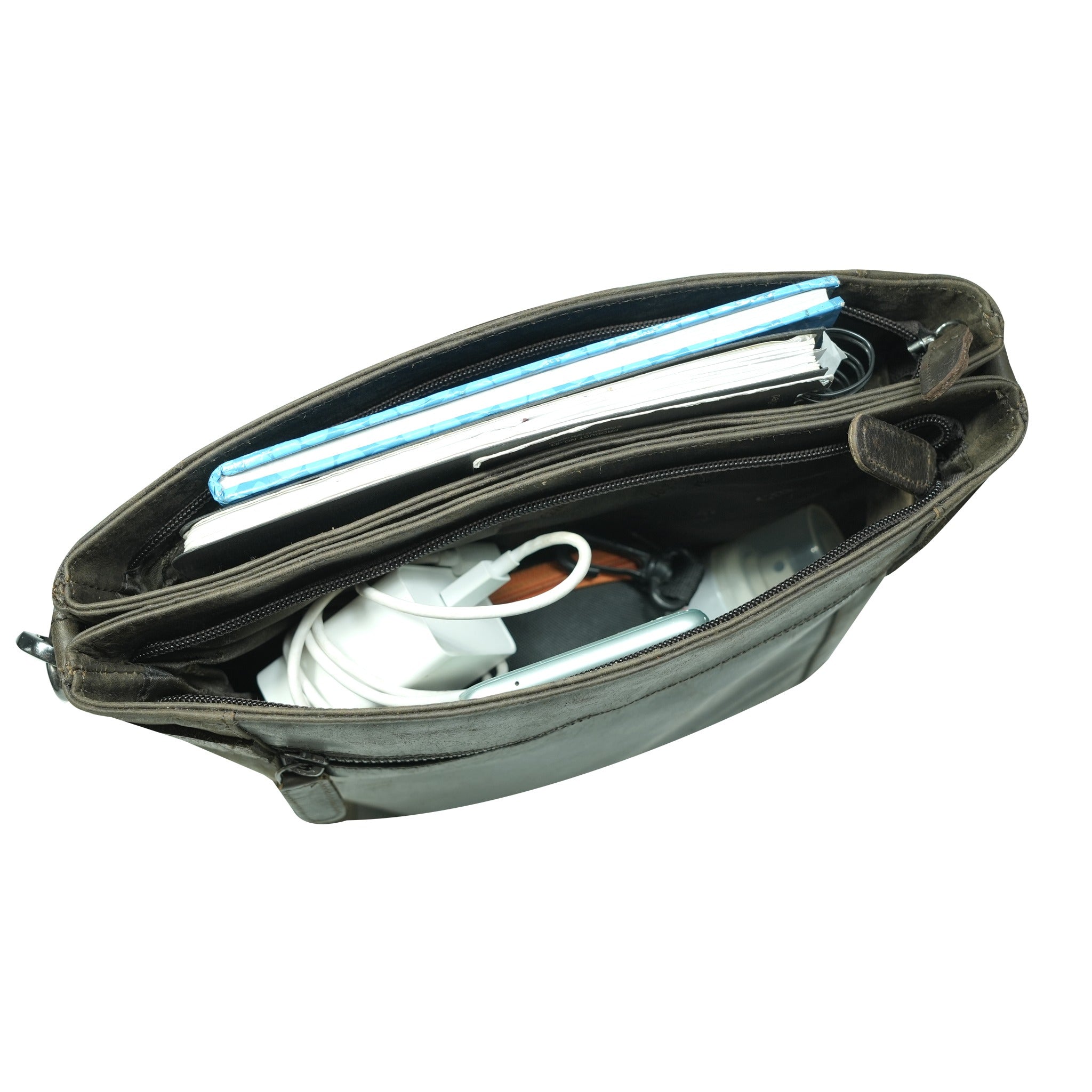 Open bag with electronic devices on a white background