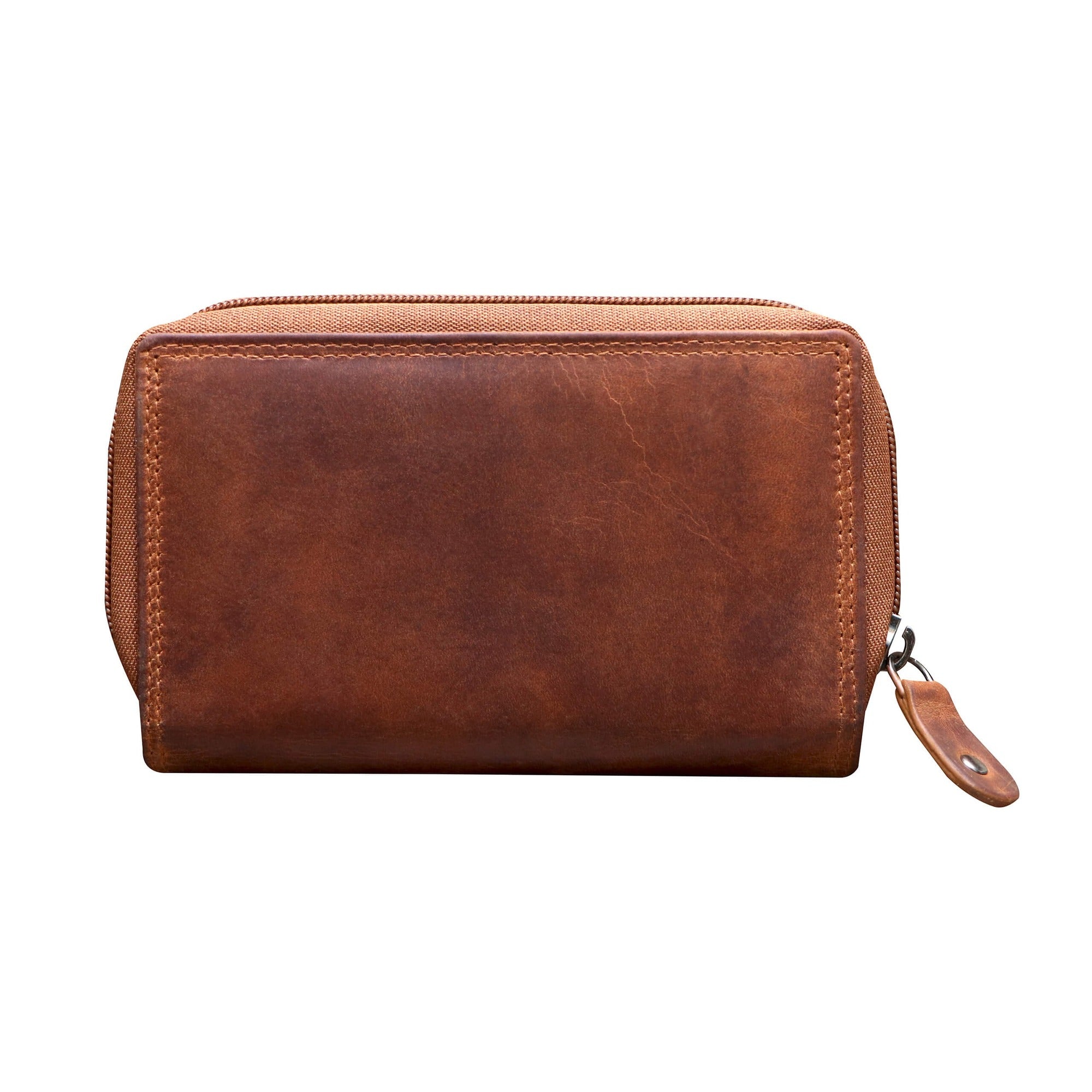 Camel leather wallet with a zipper on a white background