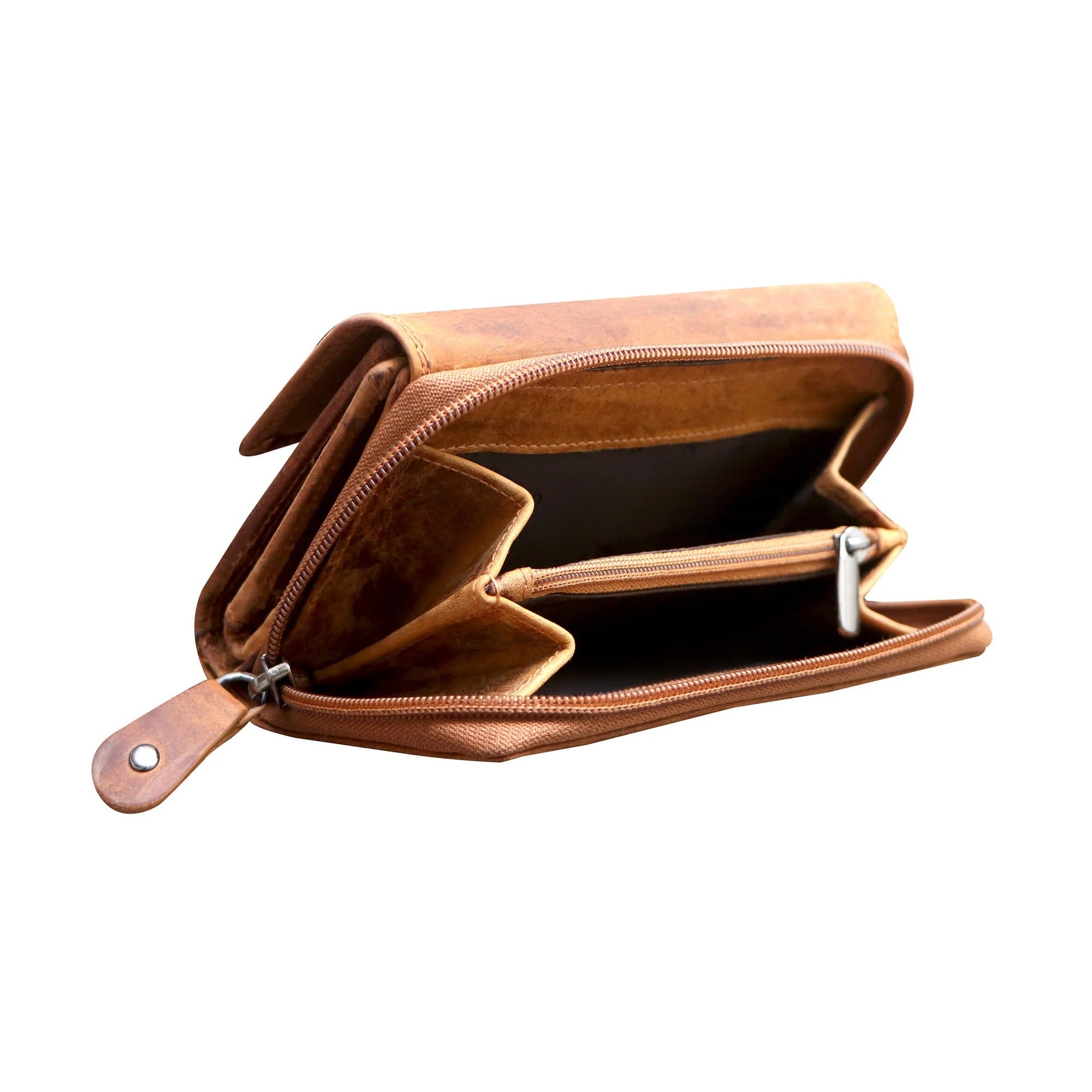 Open camel leather wallet on a white background