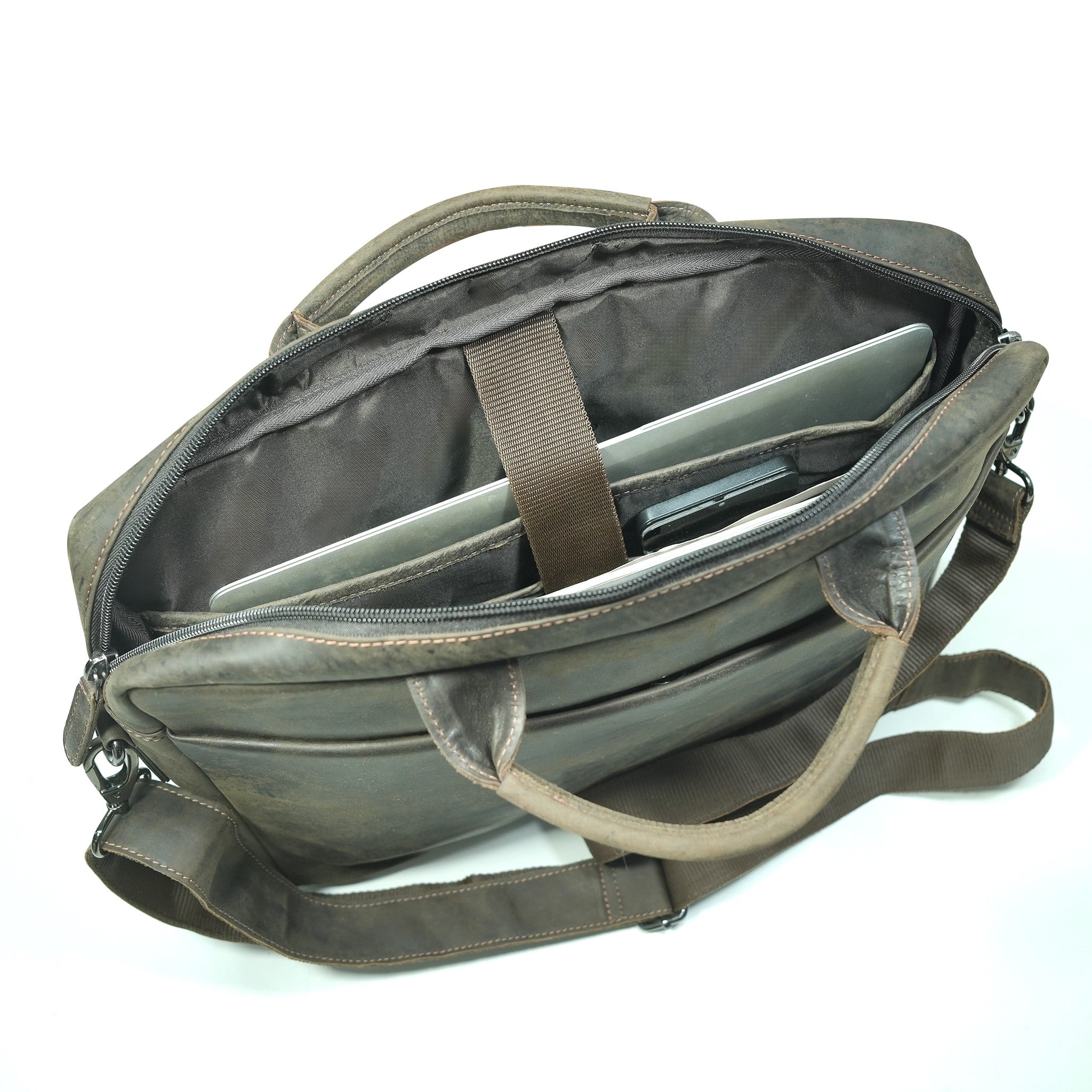 Brown laptop bag with a laptop inside on a white background
